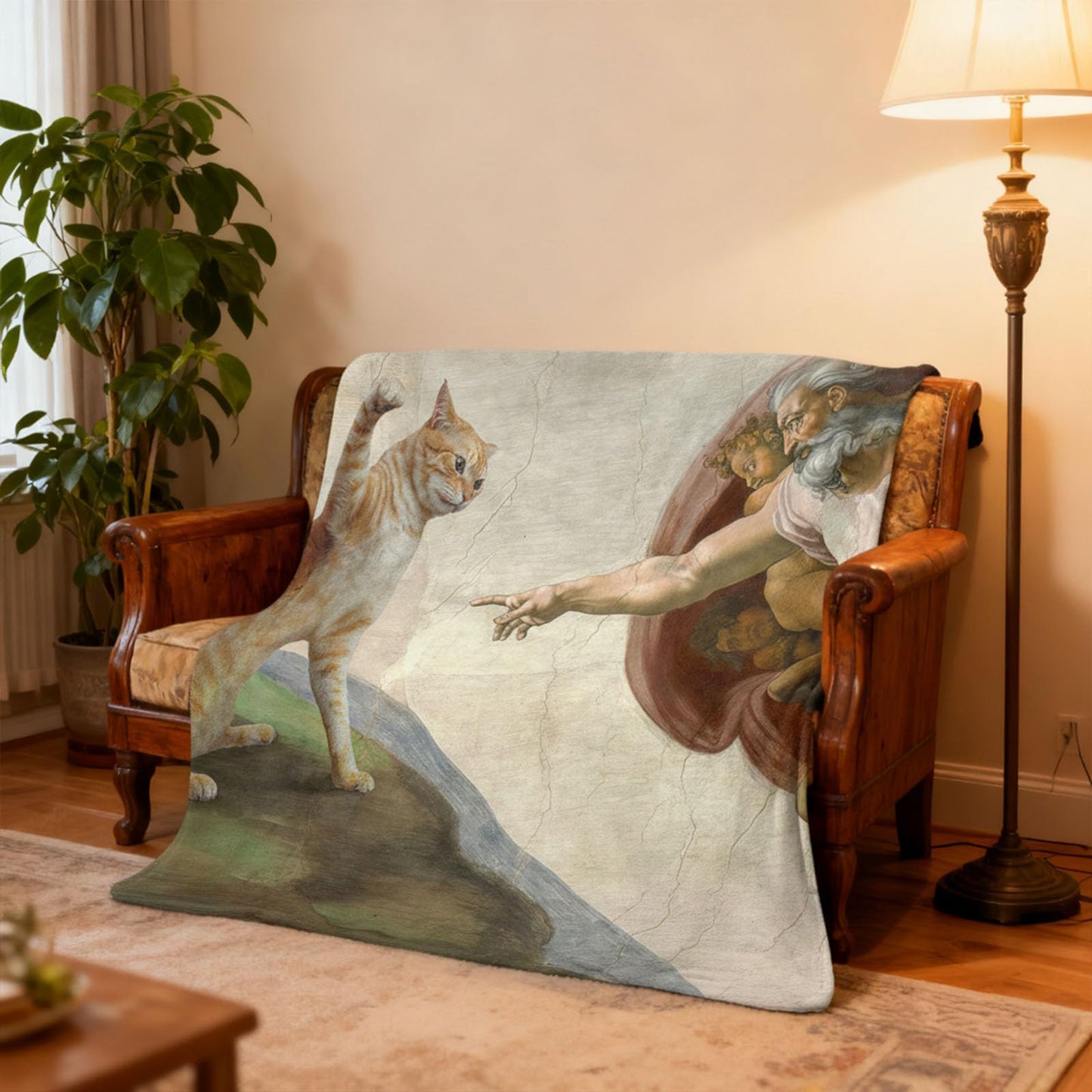 kampdream Funny Cat Art Flannel Blanket, Michelangelo Parody with Orange Cat, Super Soft and Warm Blanket for Couch Sofa Living Room Ideal Gift Beige 50×60 inch
