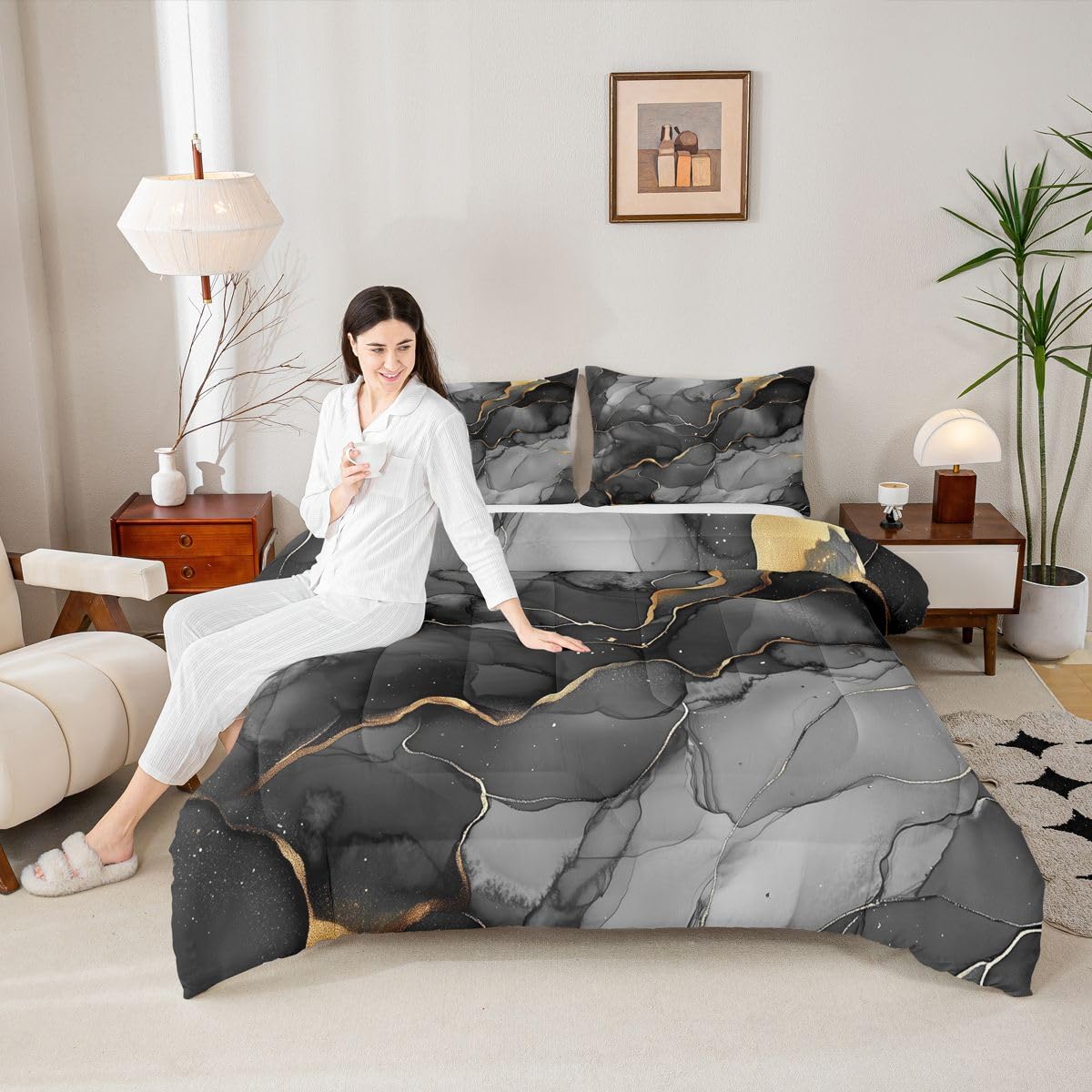 Erosebridal Marble Comforter Set King Black Grey Marble Print Bedding Set Gold Liquid Quicksand Design Comforter for Kids Boys Girls,Modern Abstract Art Quilt Duvet