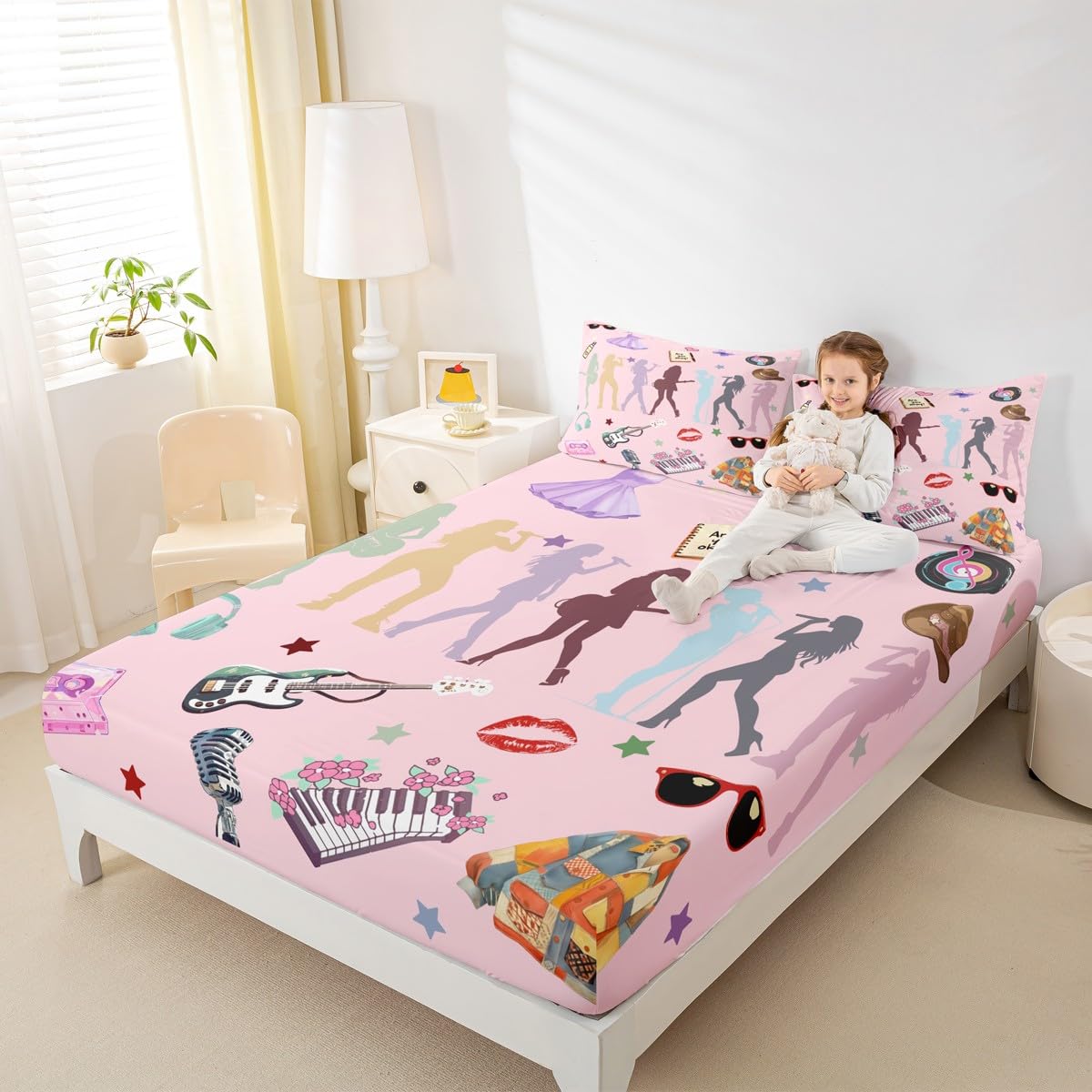 Erosebridal Pink Music Themed Bed Sheets King Girly Guitar Keyboard Sheet Set for Kids Boys Girls Disco Ball Snake Floral Sheets for Music Lovers Stylish and Modern Gifts Fitted Flat Sheets 4 Piece