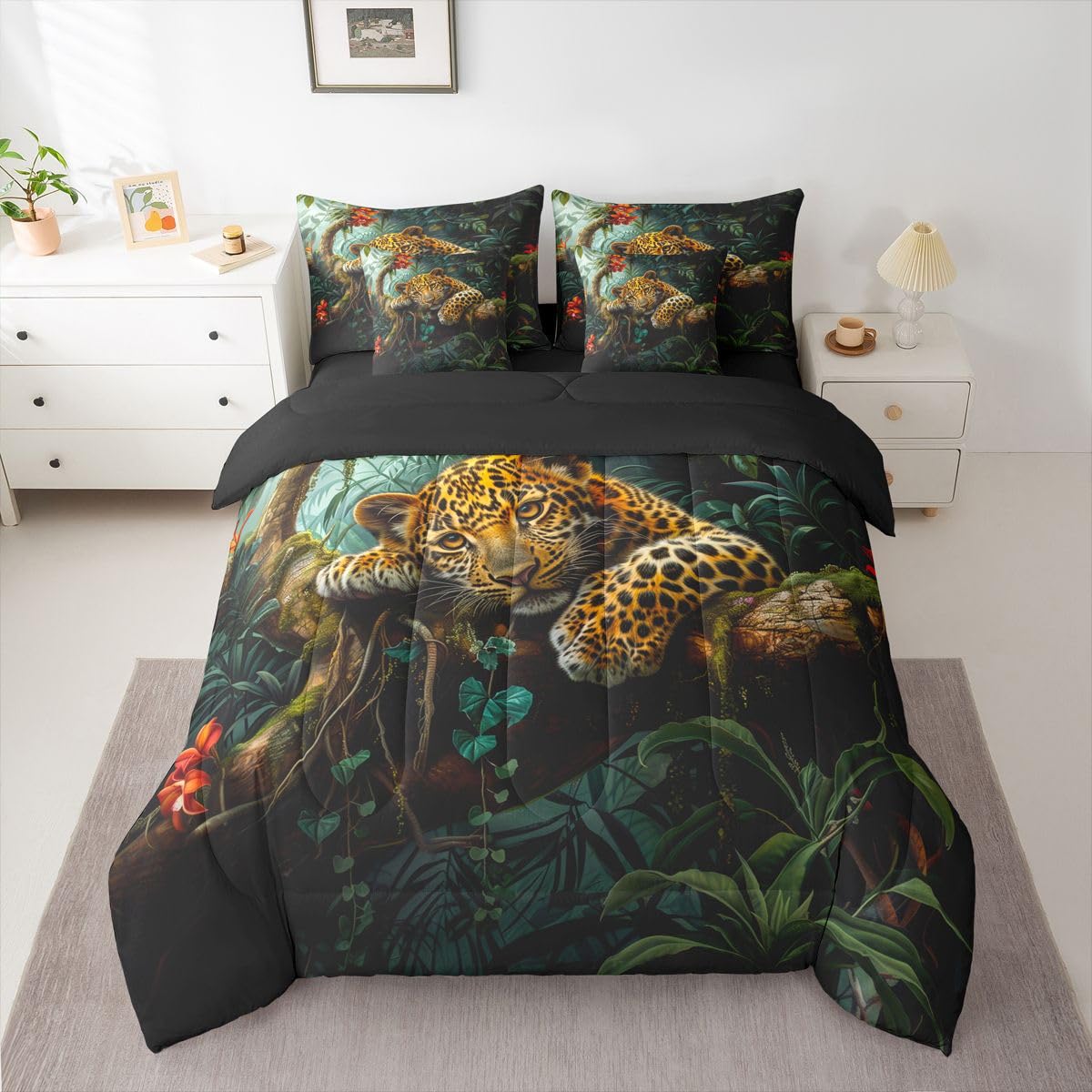 Feelyou Leopard Comforter Set with Sheets 7 Piece Queen Size Cheetah Print Bed in a Bag Kids Boys Girls Wild Animal Bedding Set Safari Bedroom Decor Breathable Soft Microfiber