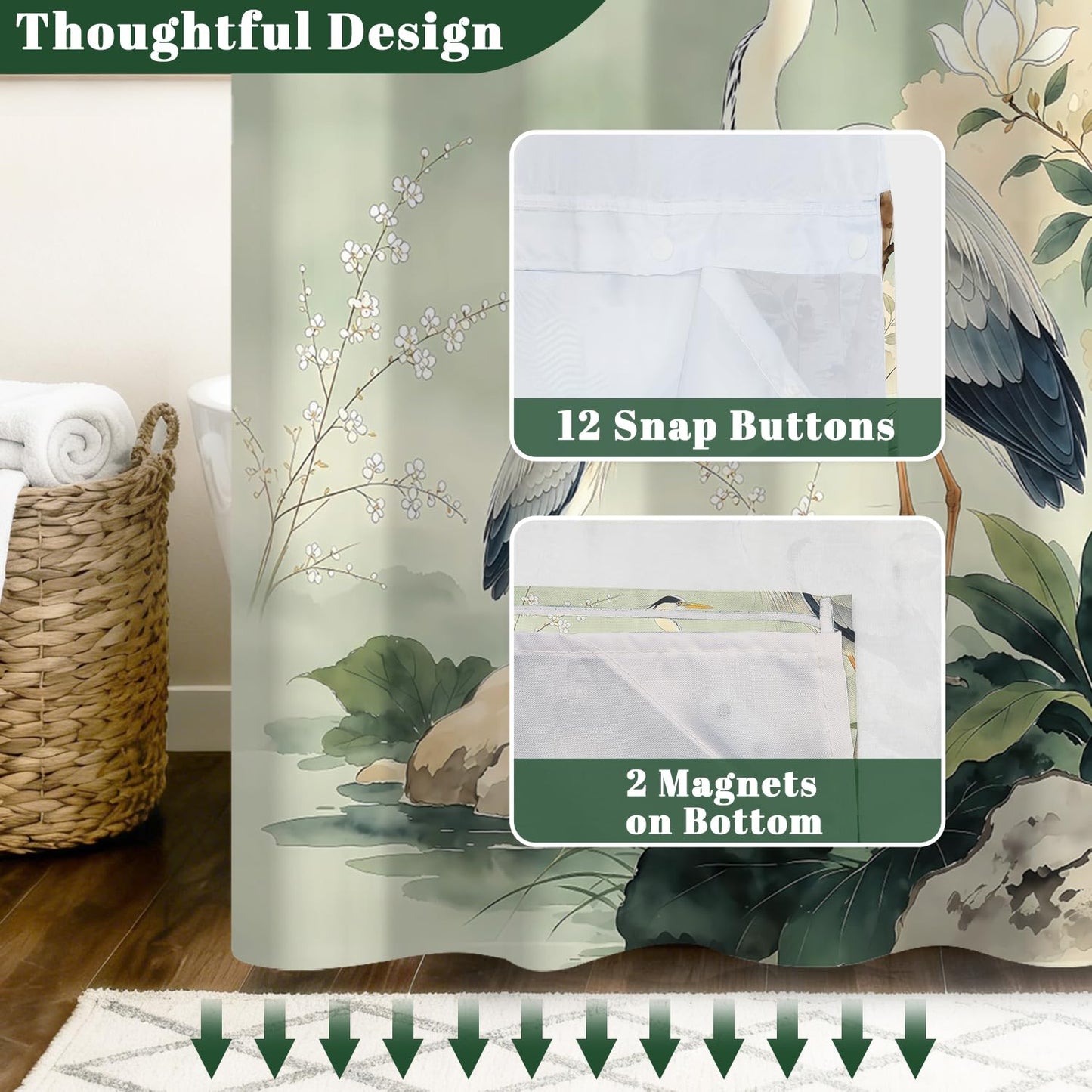 Xiazhilaio Zen Crane No Hook Shower Curtain with Snap in Liner, 71x74 Inch