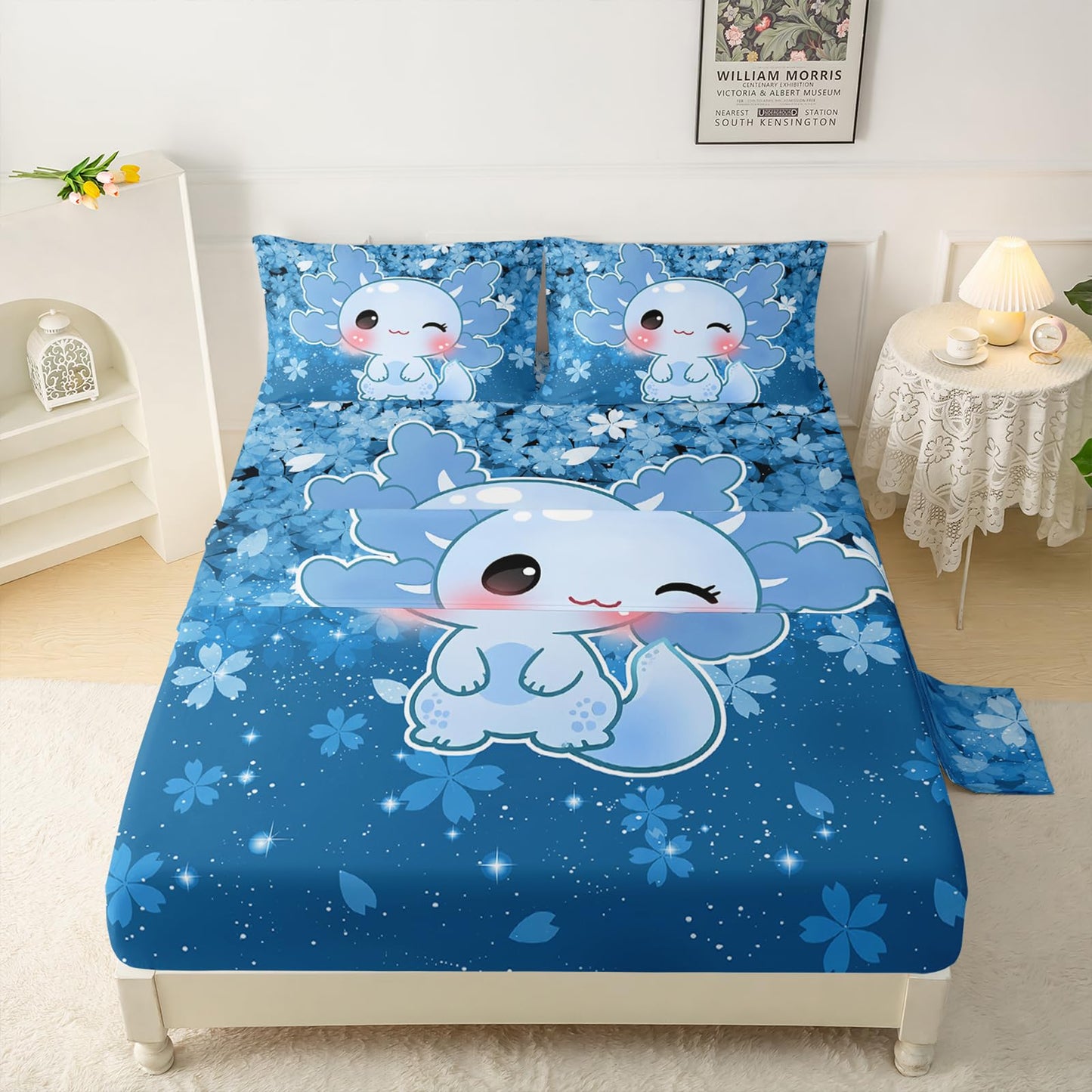 QOOMO Kawaii Axolotl Kids Sheet Set Queen Size,Cherry Print Bedding Set Lightweight All Seasons,Blue Sets for Room Decoration,1 Fitted Sheet,1 Flat Sheet,2 Pillow Cases