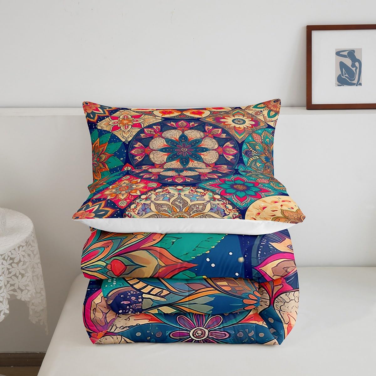 jejeloiu Hippie Mandala Bedding Set Full Size Kids Boho Mandala Comforter for Boys Girls Tribal Native Comforter Set Yellow Duvet Set Room Decorations Quilt Set
