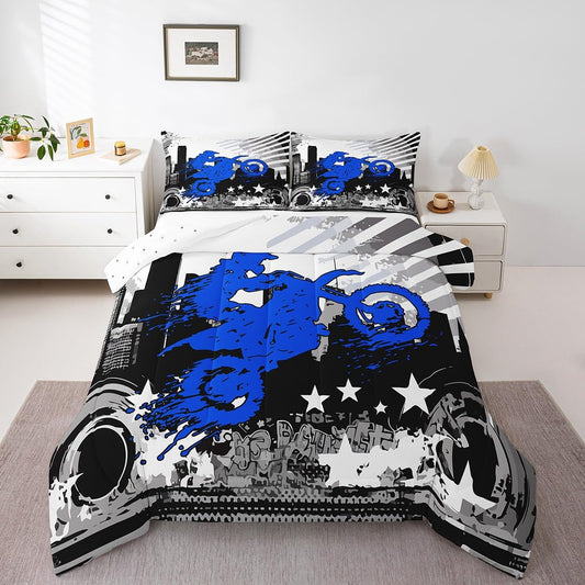 Feelyou Kids Blue Dirt Bike Comforter Set Twin Size, Racing Motocross Comforter Boys Girls Extreme Sports Bedding Set Motorcycle Teens Duvet Set Bedroom Decor with 1 Pillow Case