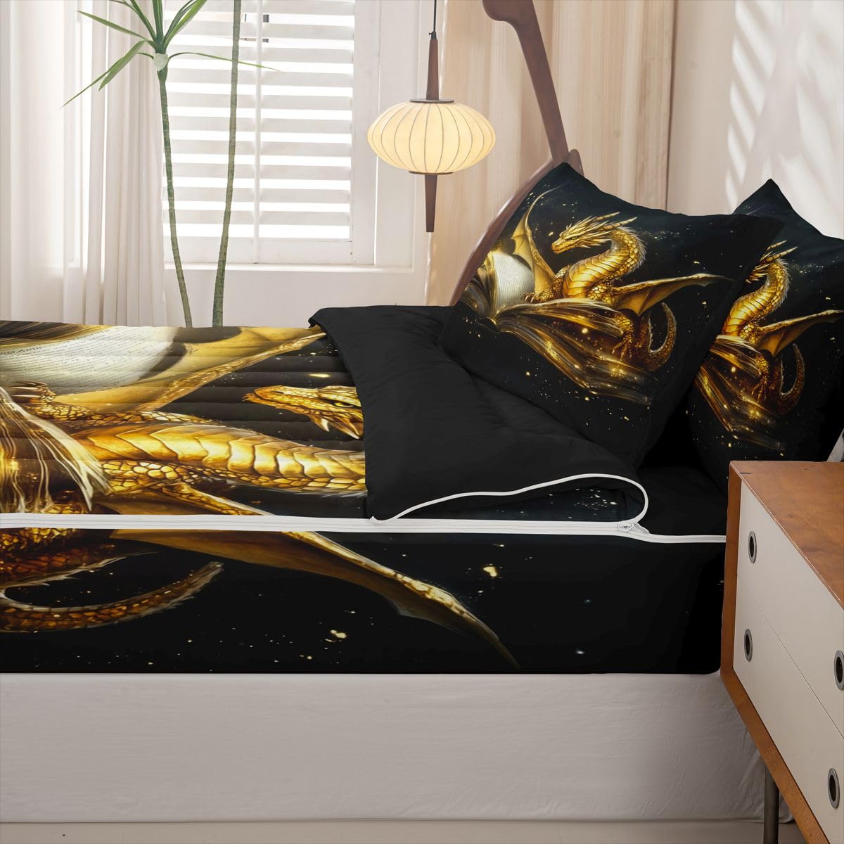 jejeloiu Gold Dragon Zipper Bedding for Kids Twin Size Ancient Wildlife Bed in a Bag with Sheets, Comforter, Pillowcases Flying Dragon Comforter Set for Boys Girls Fantasy Animal Beddingh Sets Durable