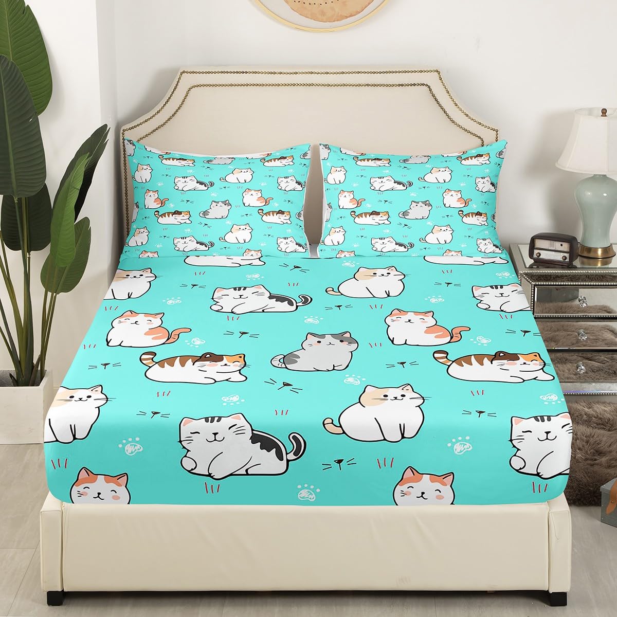 Erosebridal Cat Bedding,Cute Pet Theme Sheet Set for Kids Teens Girls Youth,White Cat Paw Print Decor Bed Sheets for Bedroom,Kawaii Animal Kitten Fitted Sheet,Queen with 2 Pillowcases