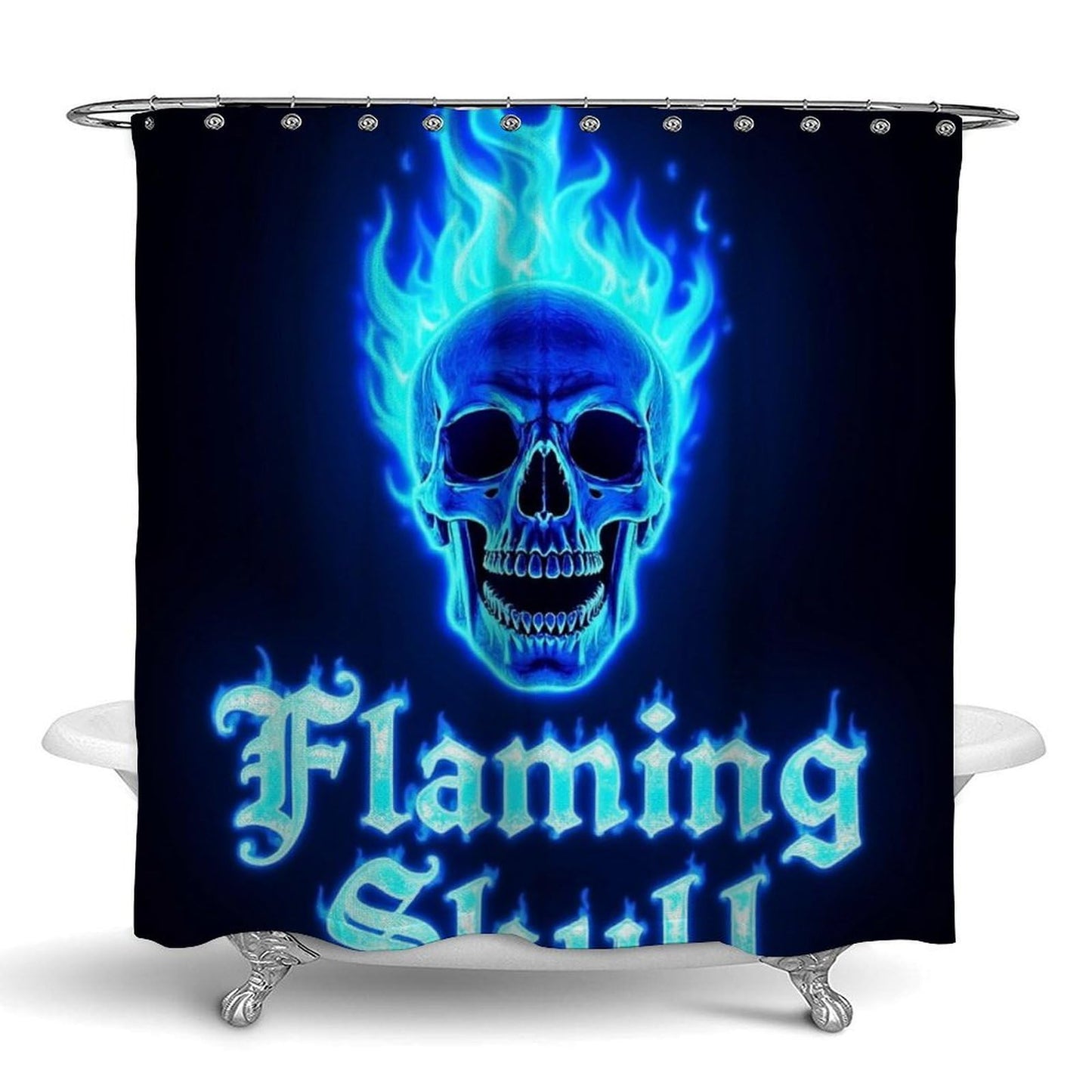 Fashion Hotel Bathroom Decorative Shower Curtain with Hooks, Blue Flaming Fire Skull Waterproof Lightweight Shower Curtain