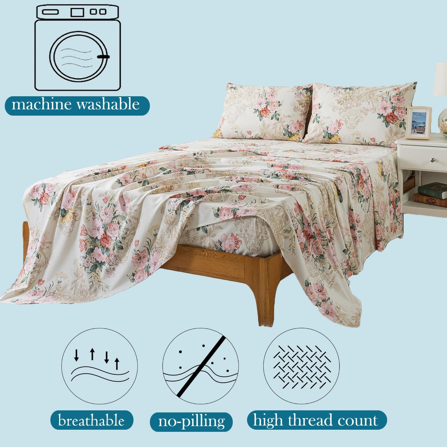 Zusbest- Queen Sheets, Soft 100% Cotton Pink & Cream Floral Bed Sheets,Shabby Vintage Chic Peony Flower Printed Sheets, Breathable Luxury Bedding 4 Piece Deep Pocket Sheets