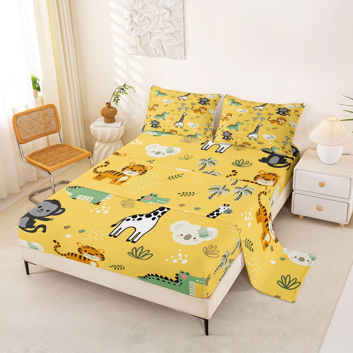 Erosebridal Jungle Animals Bed Sheets Full Cartoon Kawaii Sheet Set for Kids Boys Girls Safari Animals Sheets Monkey Giraffe Crocodile Tiger Flat Fitted Sheet 3 Pcs