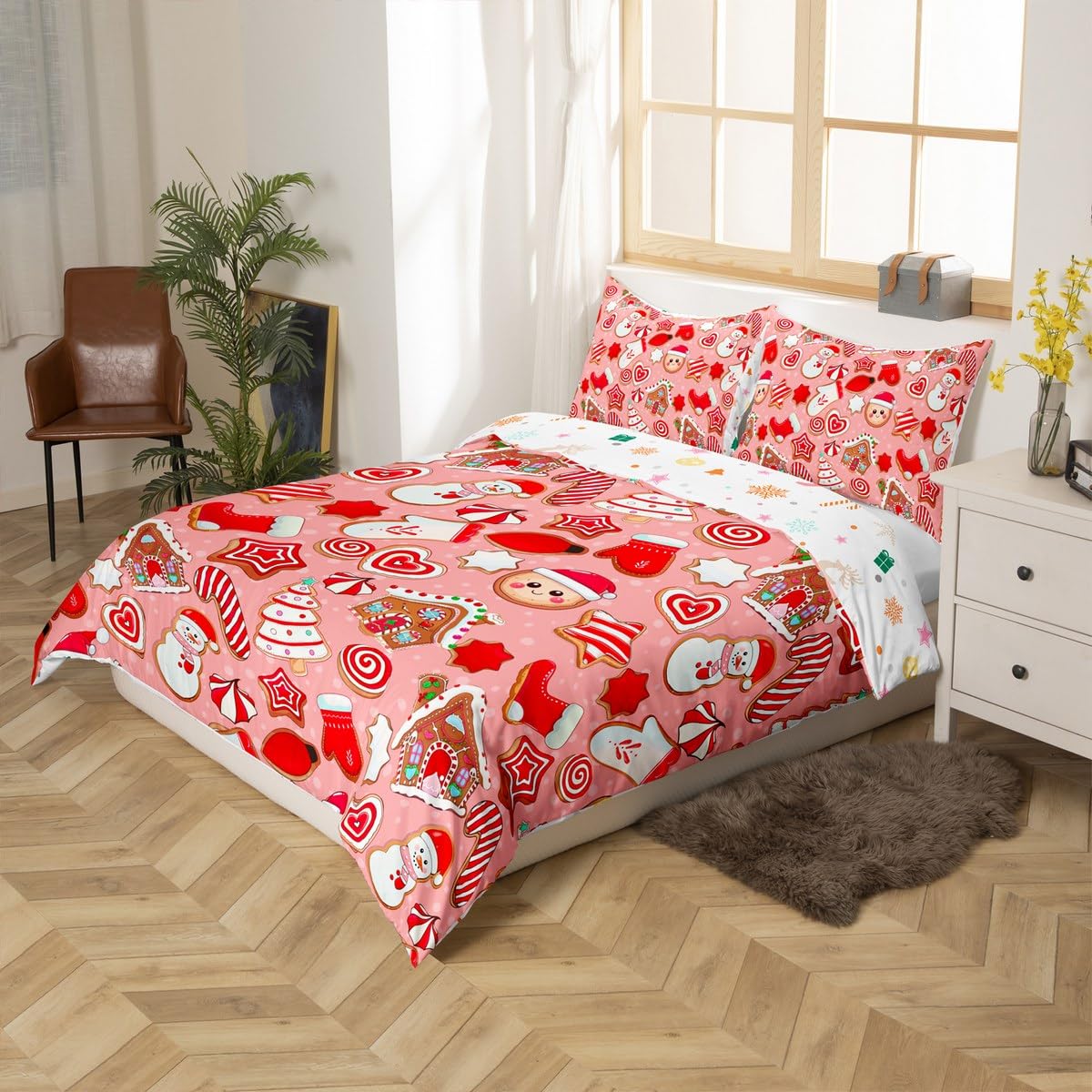 Christmas Duvet Cover Set Twin Size Cartoon Gingerbread Santa Claus Bedding Set 2pcs for Kids Girls Boys Bedroom Decor Cute Snowman Christmas Tree Comforter Cover Pink Red Quilt Cover,1 Pillowcase