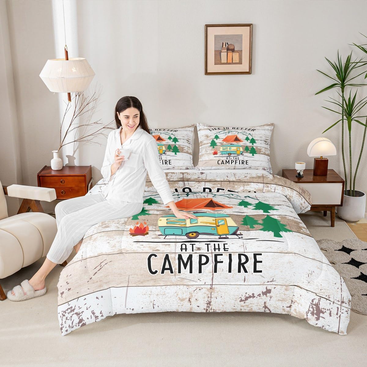 Erosebridal Camper Rv Bedding King,Happy Camping Comforter Set Campfire Decor Bed Sets Rustic Wooden Plank Duvet Insert 3 Pieces