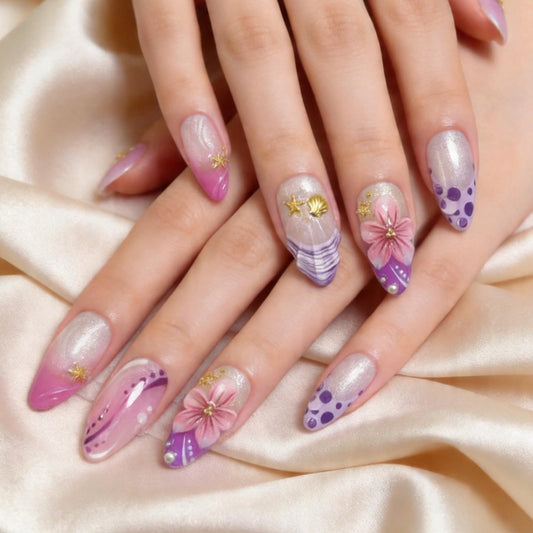 octoswave Press on Nails Almond Medium Length 3D Flower and Seashell Design Glossy Pink Purple Gradient Glue on Nails for Women Girls Summer Vacation Party 30 Pcs