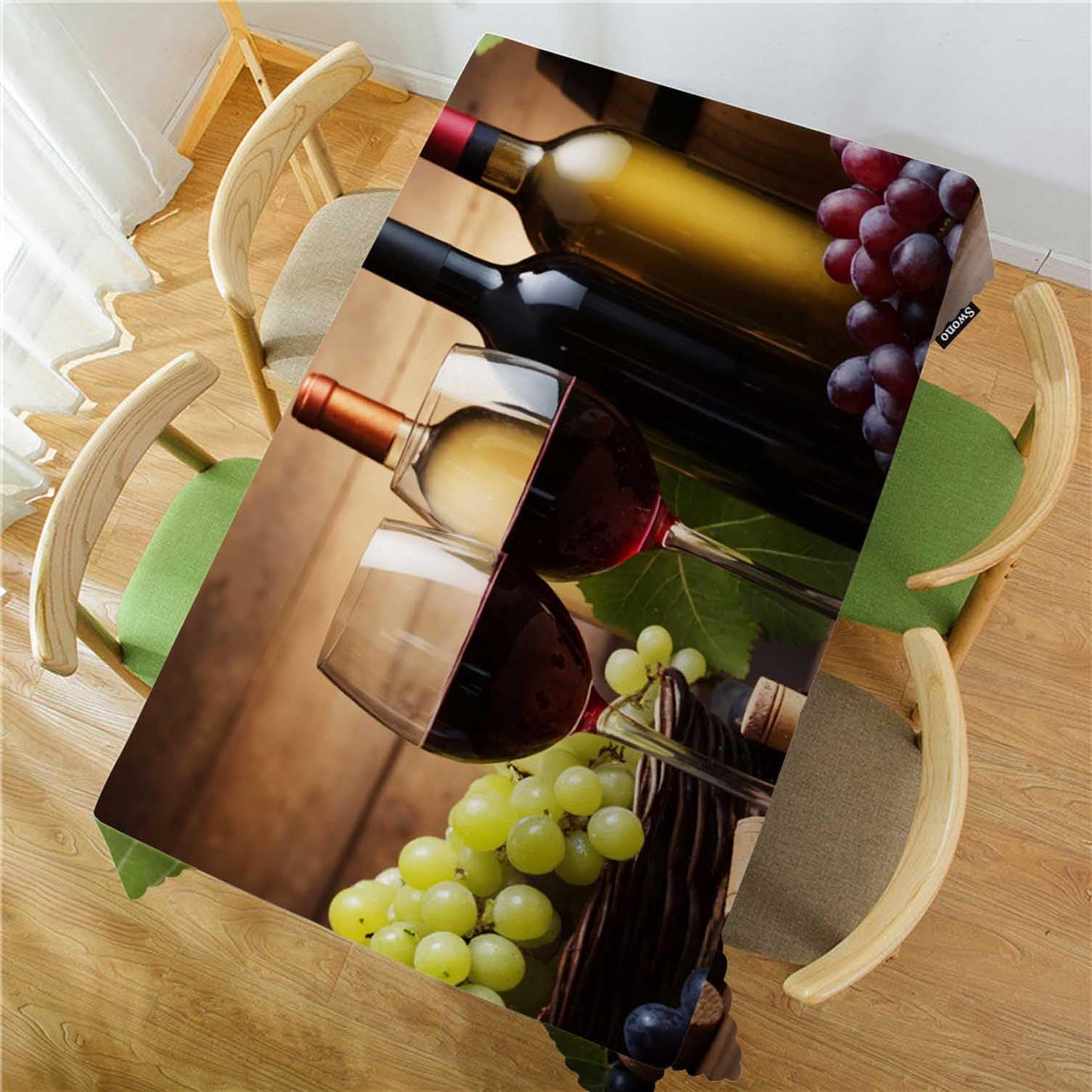 Swono 52x70 Inch Wine Tablecloth Red and White Wine Glass Grapes Wooden Farmhouse Dining Table Cloth Anti-Stain Talking Table Cover for Kitchen Dinning Room Coffee Store