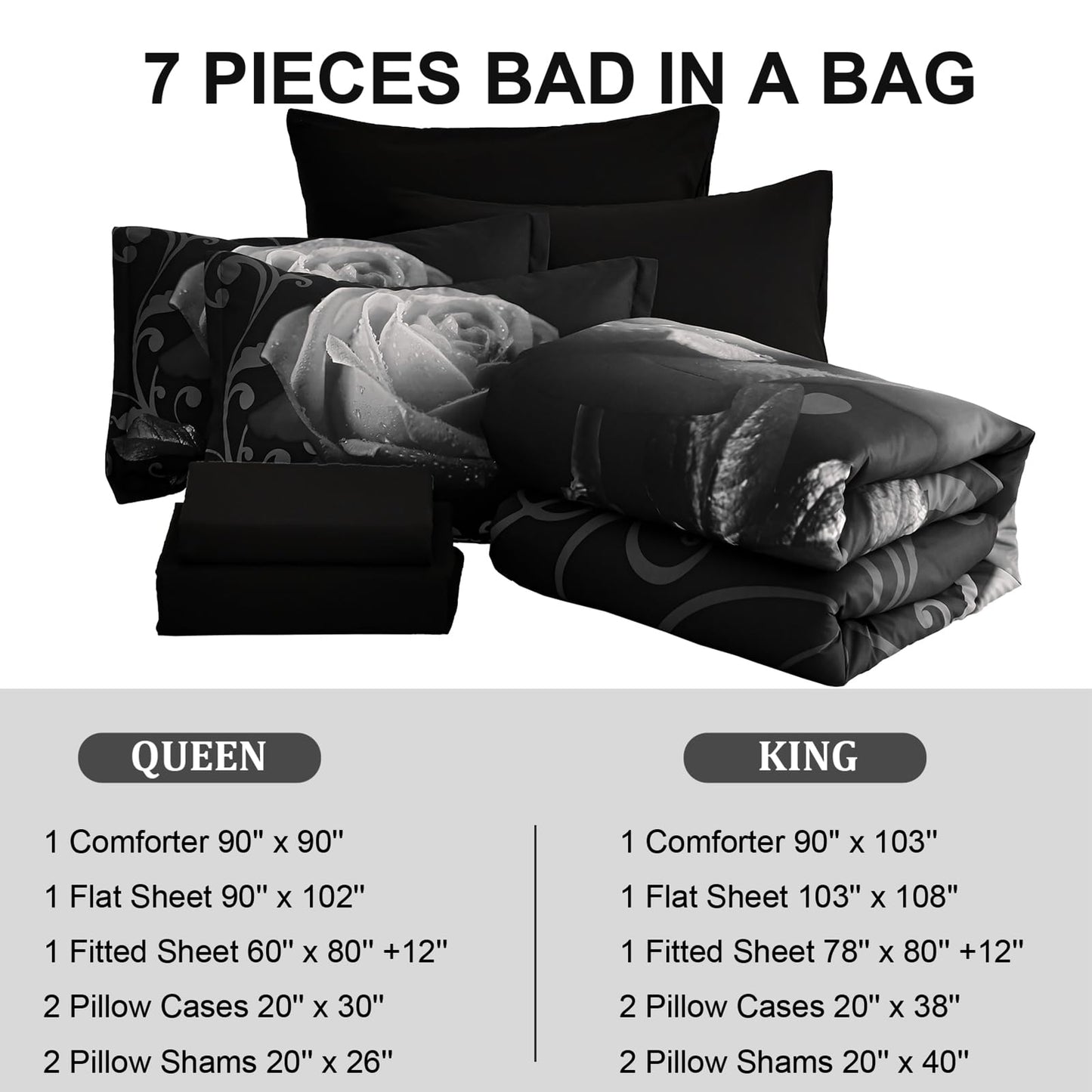 Xruibed Floral Comforter King Black Bed in a Bag Rose 7PCs Comforter Set Soft Micorfiber Bedding Set (1 Comforter,2 Pillow Shams,1 Flat Sheet,1 Fitted Sheet,2 Pillowcases)