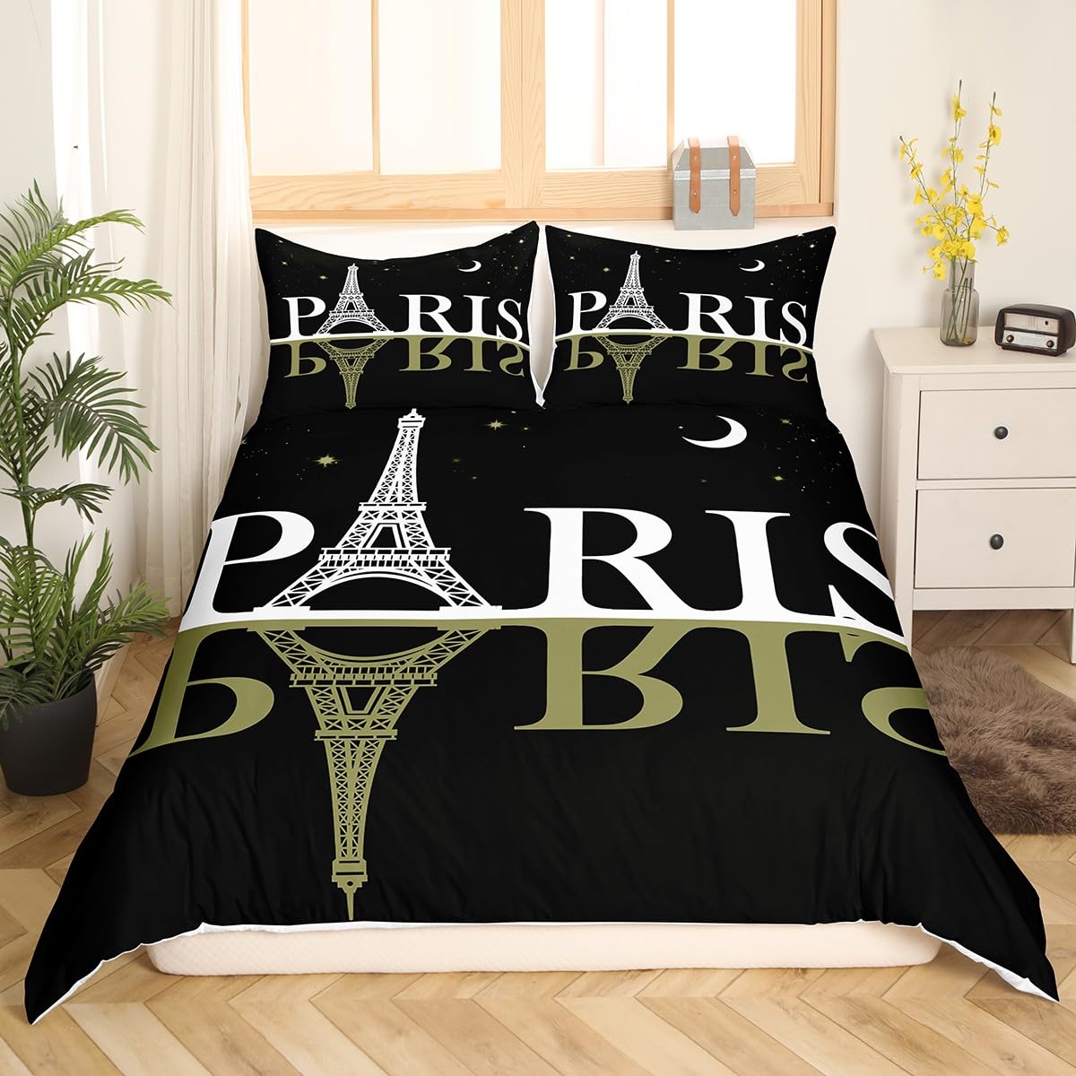 Feelyou Eiffel Tower Bedding Set Chic Paris Theme Duvet Cover for Kids Children Teens Paris Cityscape Print Comforter Cover Modern French Style Bedspread Cover Star Moon Bedroom Decor 3Pcs Queen Size