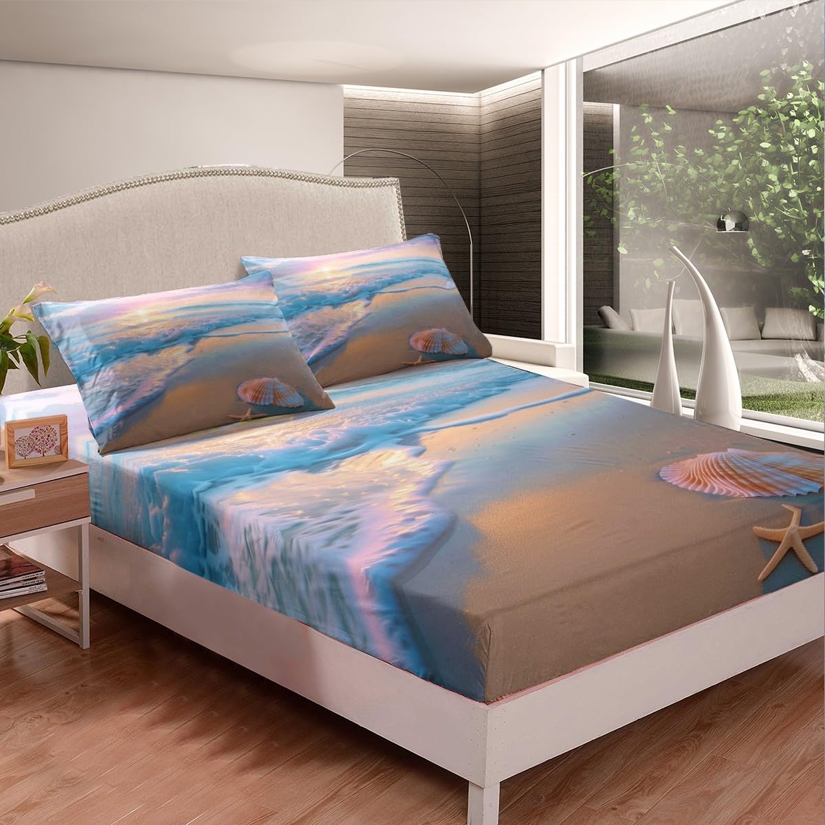jejeloiu Beach Theme Fitted Sheet Full Size Kids Summer Sea Ocean Sunset Bed Sheets Set for Boys Girls Teens Wave Coastal Starfish Seashell Natural Scenery Bedding Set Room Decor