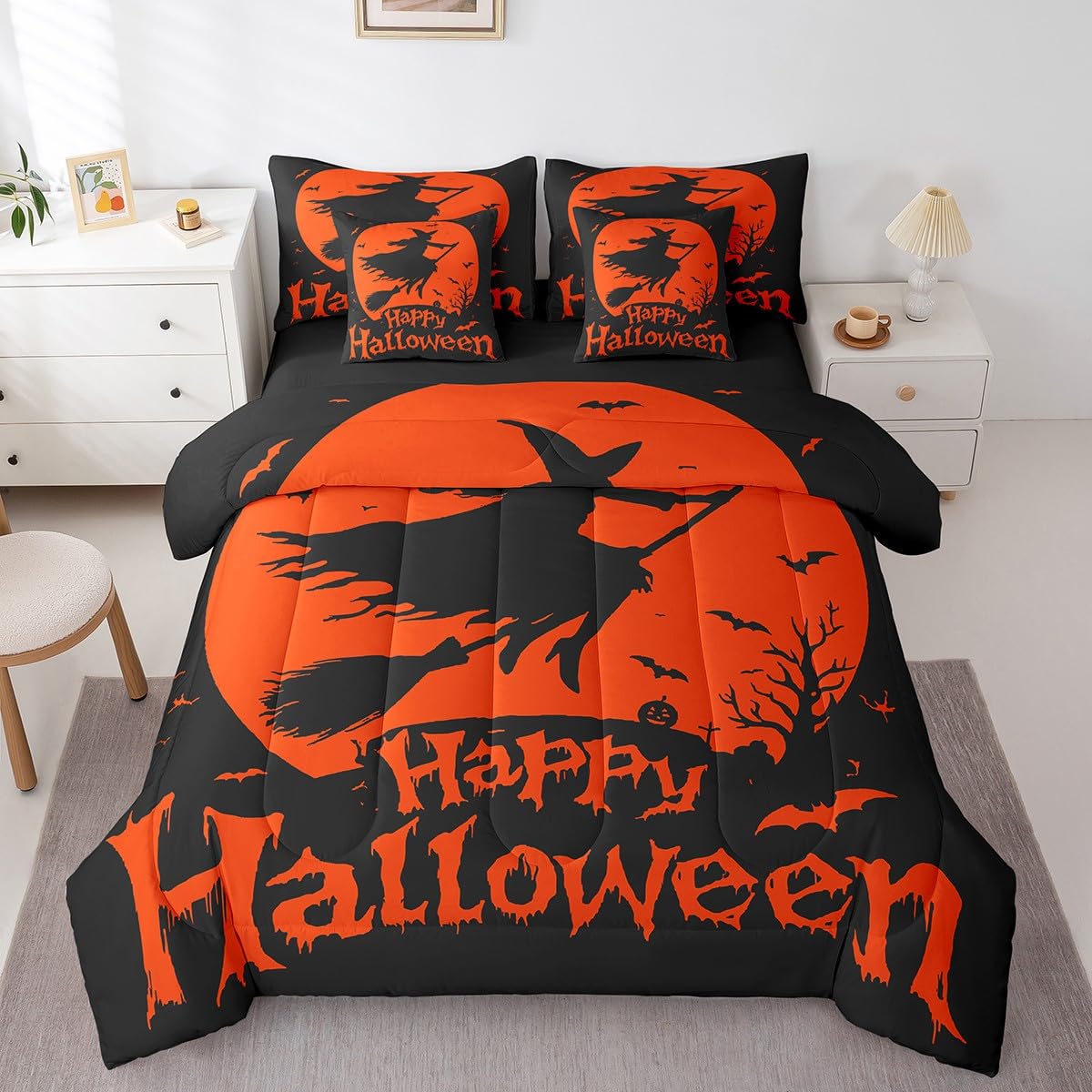 Feelyou Halloween Bed in a Bag Twin Size Witch 7 Piece Bedding Set for Kids Boys Girls Teens Bat Comforter Set with Sheets Pumpkin Bed Set