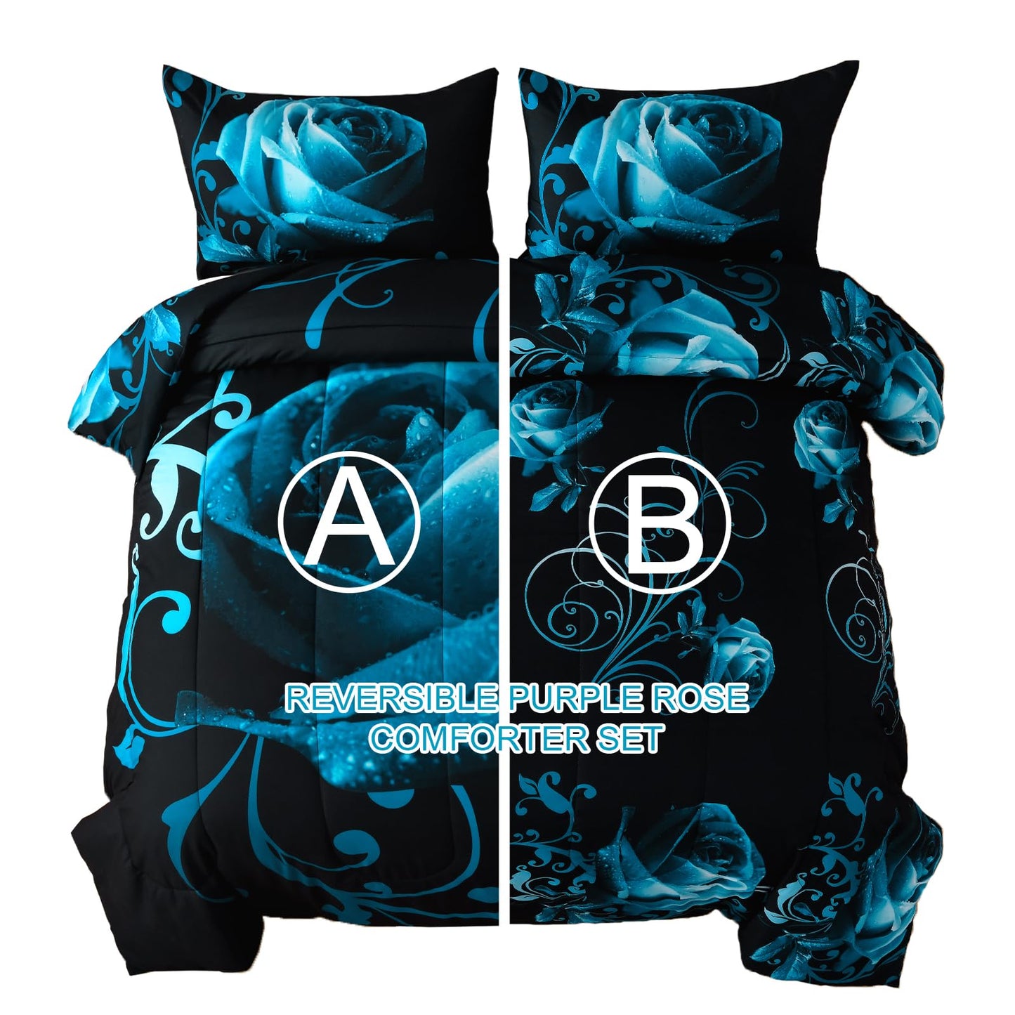 WONGS BEDDING Teal Blue Comforter Set Queen Reversible Teal Rose Pattern Printed Bedding Comforter Set with 2 Pillowcases, Soft Microfiber Filling Bedding Set 90"x90"