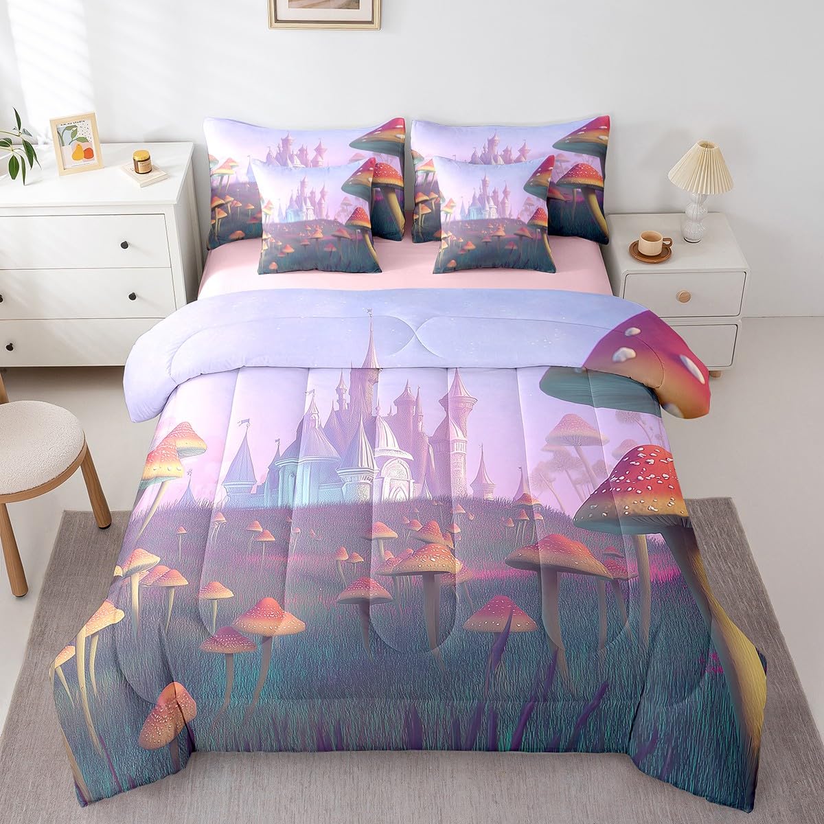 Erosebridal Mushroom Comforter Set 7 Piece Bed in a Bag Twin,Magical Castle Bedding Sets Jungle Botanical Sheet Set with Comforter,Nature Plant Bed Set