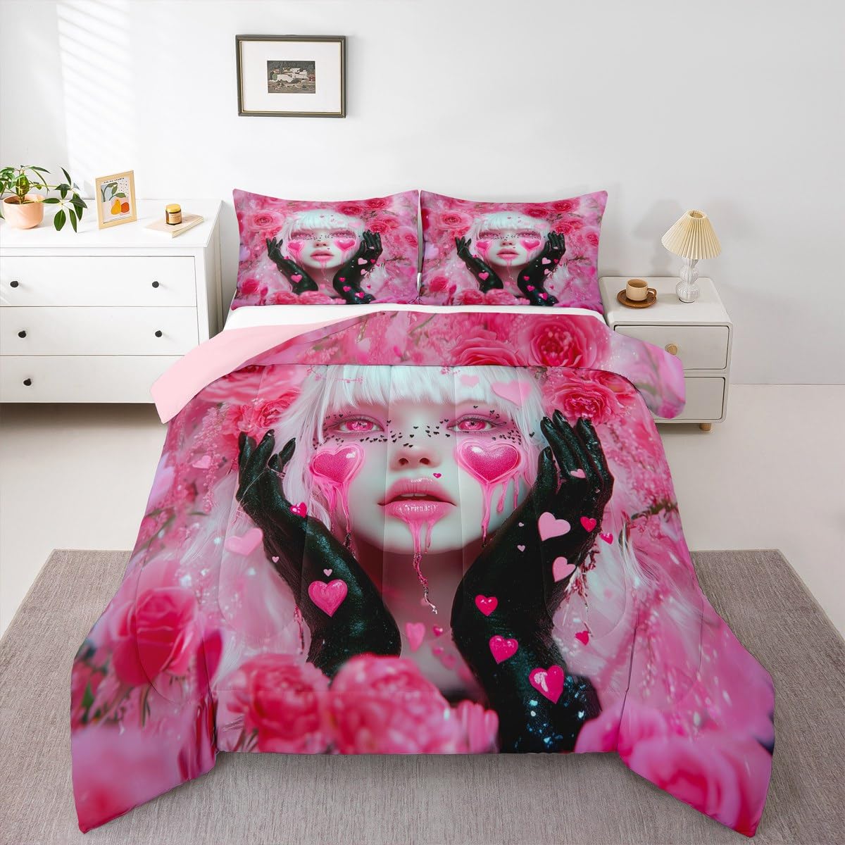 Erosebridal Pink Girl Comforter Set Twin Size Romance Rose Flowers Toddler Bedding Sets for Girls Anime Bedding Set, Modern Fashion Lady Art Duvet Insert Love Hearts Quilt with 1 Pillowcase