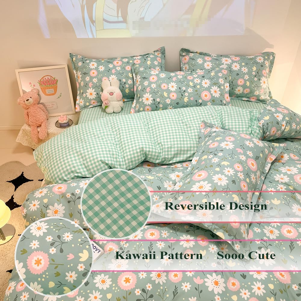 CinYana Sage Green Duvet Cover,Botanical Daisy Floral Duvet Cover Set,3 Pcs Kids Comforter Cover Set,Garden Flower Bedding Set,Soft Reversible for Girls Women Boys(Flowers,Twin)