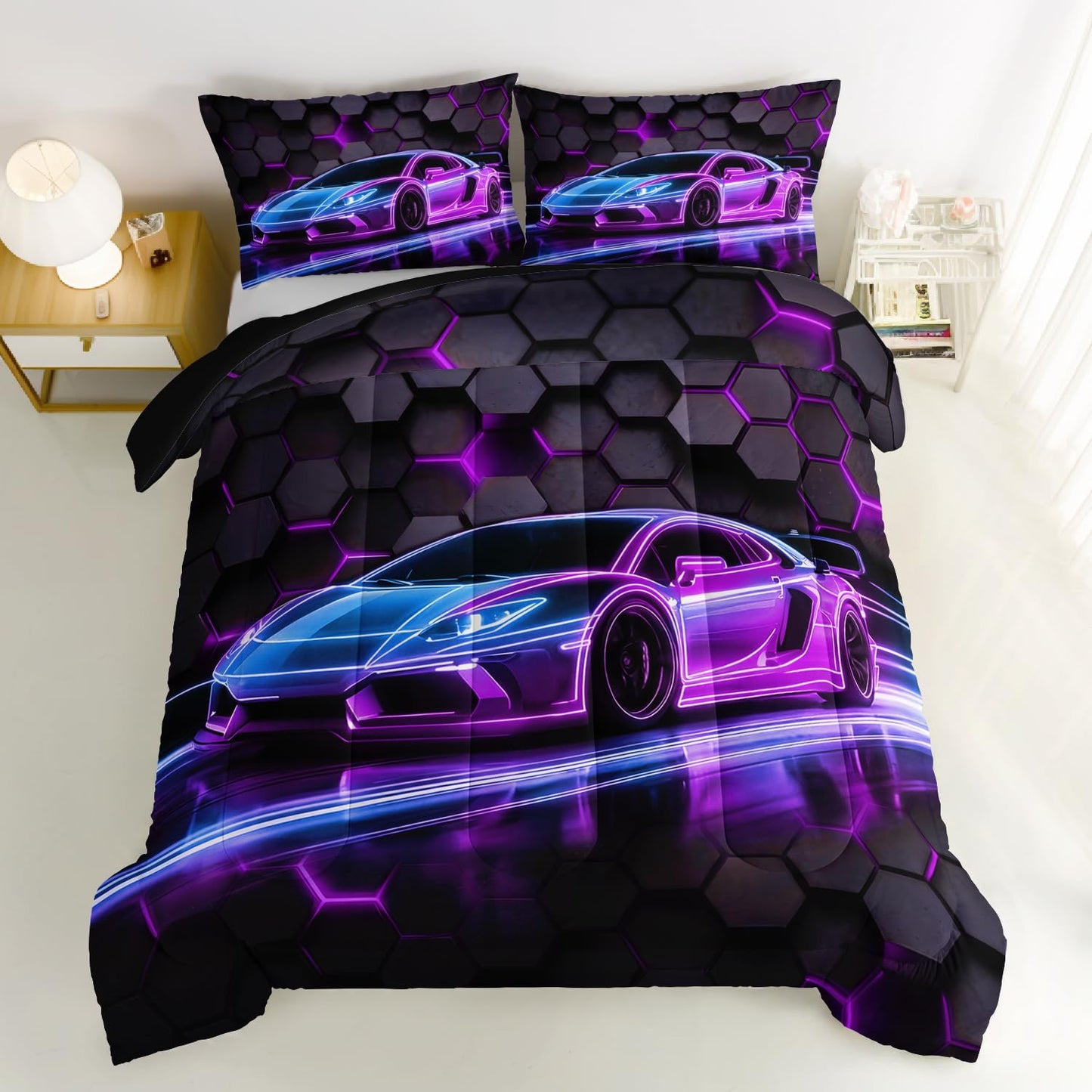 HOSIMA Boys Race Car Queen Bedding Sets,Honeycomb Geometric Background Neon Pattern Cool Extreme Sports Bedding for Kids Men Car Room Decor,Gaming Comforter with 2 Pillowcases.