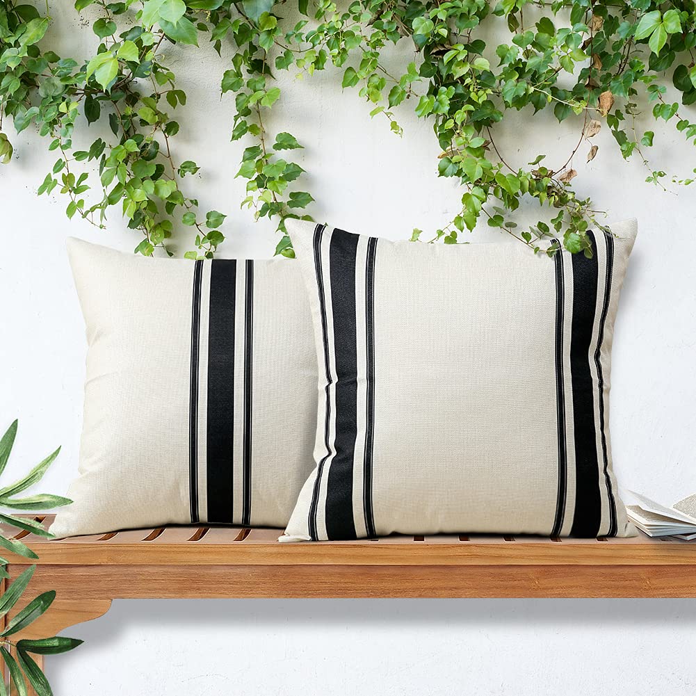 OTOSTAR Pack of 2 Outdoor Waterproof Decorative Pillow Covers 20x20 Inch Linen Geometry Pillowcases Cushion Case Garden Throw Pillow Covers Pillows Shell for Patio Furniture Couch Tent Balcony (Black)