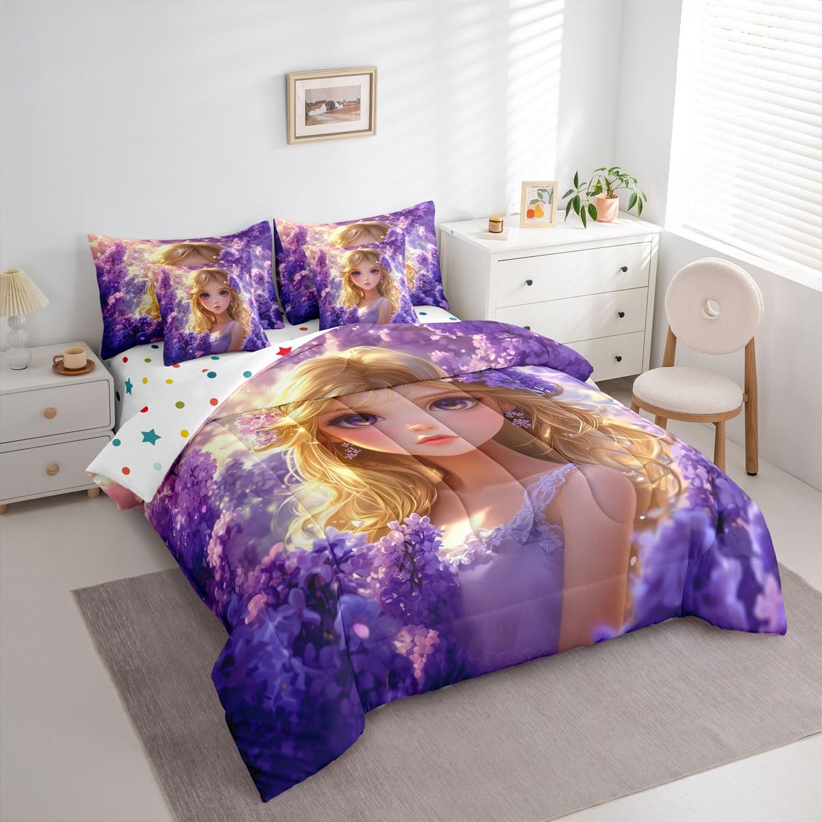 Erosebridal Japanese Anime Bed in A Bag for Kids Girls,Kawaii Lavender Girl Bedding Set Romantic Dreamy Cartoon Girl Twin Comforter Set 7 Piece Purple Aesthetic Cherry Blossom Butterfly Bed Set