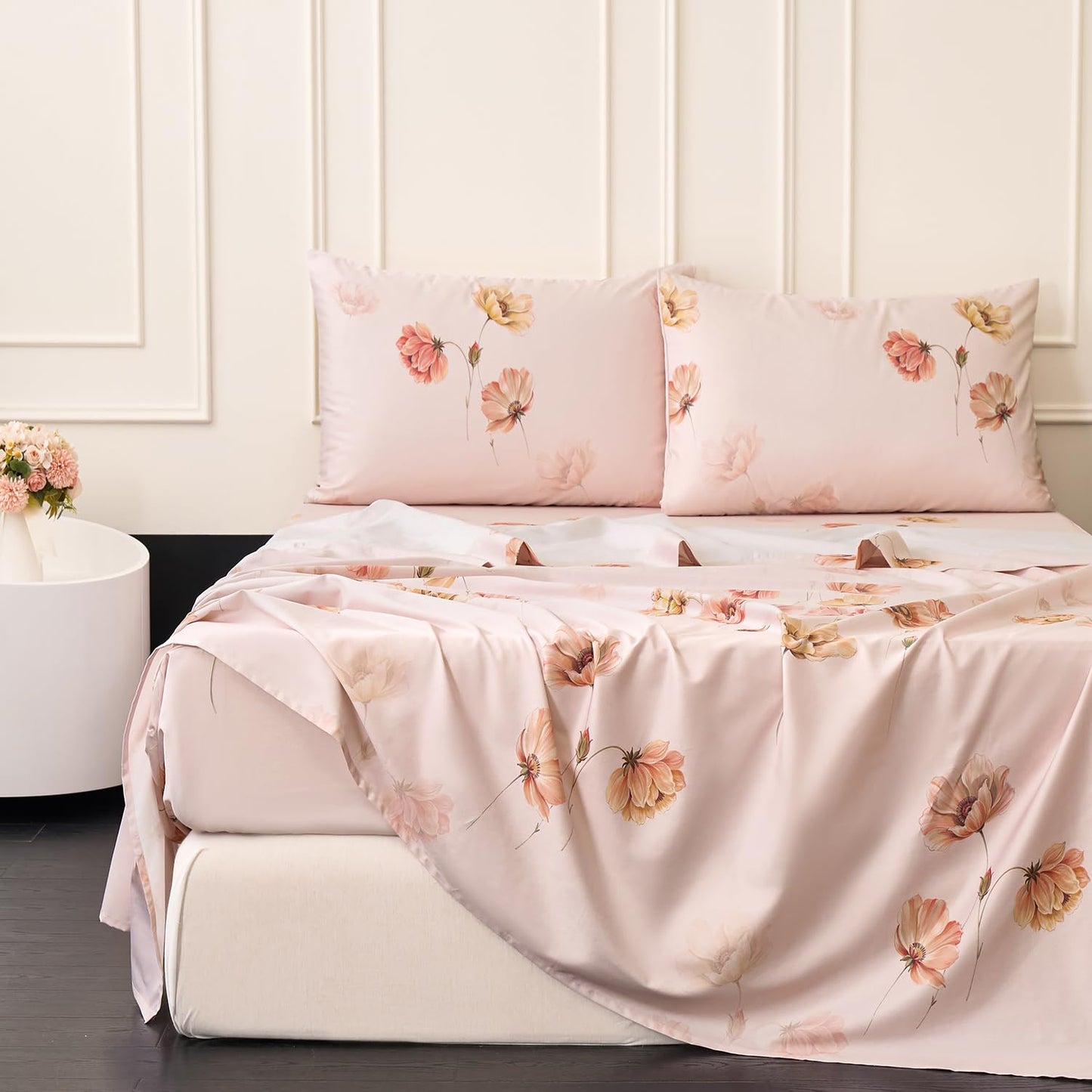 Huborise Blush Pink Floral Bed Sheets 100% Cotton Queen Size Sheet Set Satin Weave 4Pcs, Apricot Peach Flower Printed Bed Set with Deep Pocket 17.5", Soft Breathable & Crisp, Luxury French Country