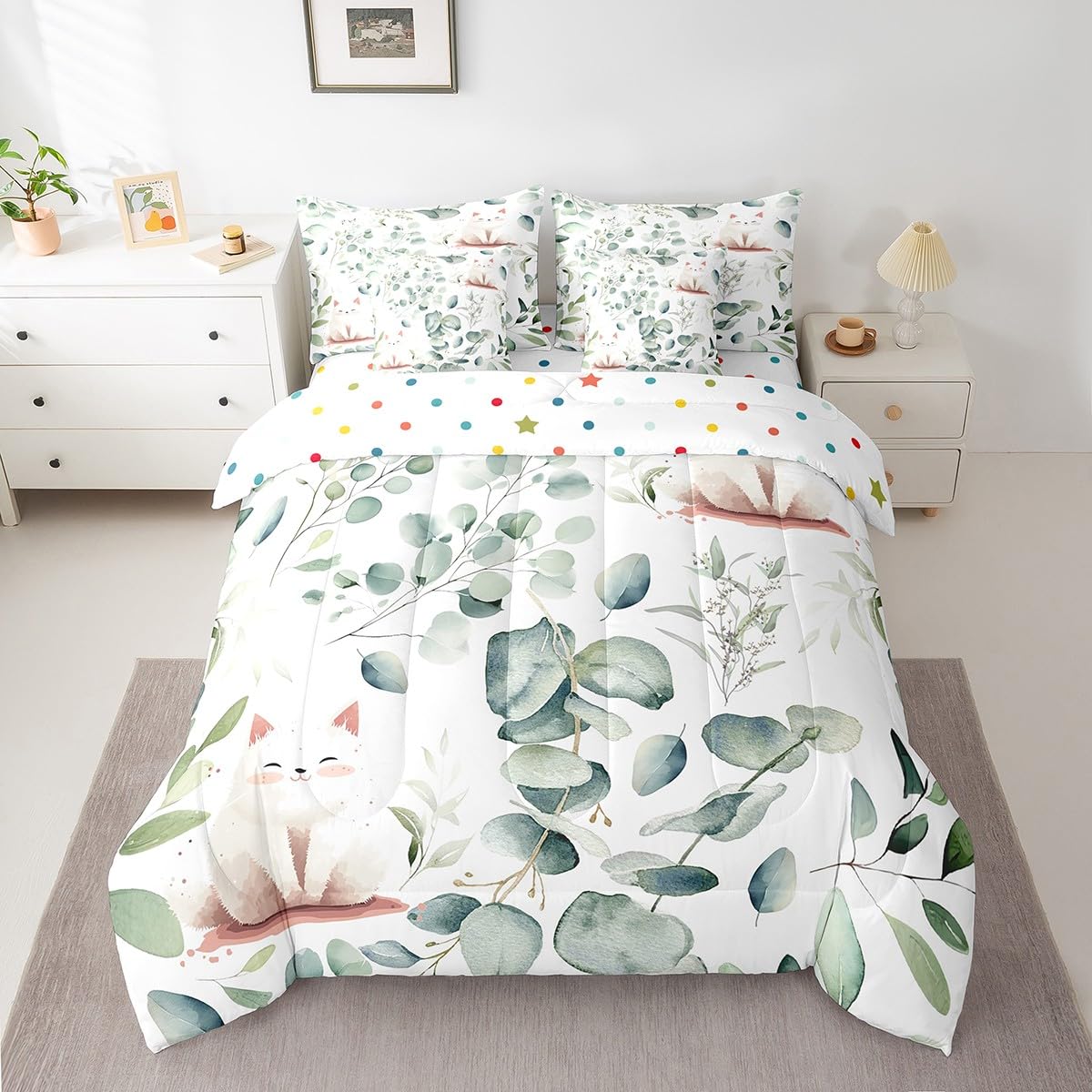 Erosebridal Kawaii Cat King Comforter Set 7 Pieces for Boys Girls Cartoon Animal Bedding Comforter Sets, Eucalyptus Leaves Bed in a Bag Pet Kitten Bedding Set, Tropical Botanical Plants Bed Sheets Set
