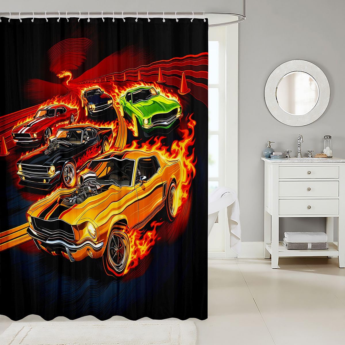 Feelyou Boys Race Car Shower Curtains Speed Sports Car Bathroom Curtain for Kids Women Men Extreme Sports Bathroom Accessories Automobile Waterproof Polyester Fabric for Stalls Bathtubs 72"x72"