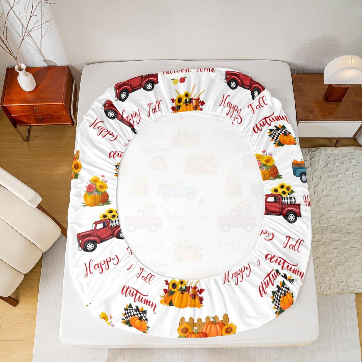 Happy Fall Bedding Set For Kids Queen Plaid Pumpkin Truck Bed Sheets Thanksgiving Harvest Season Sheet Set Autumn Sunflower Harvest Time Fitted Sheet Red Blue Orange Flat Sheet + 2 Pillow Cases