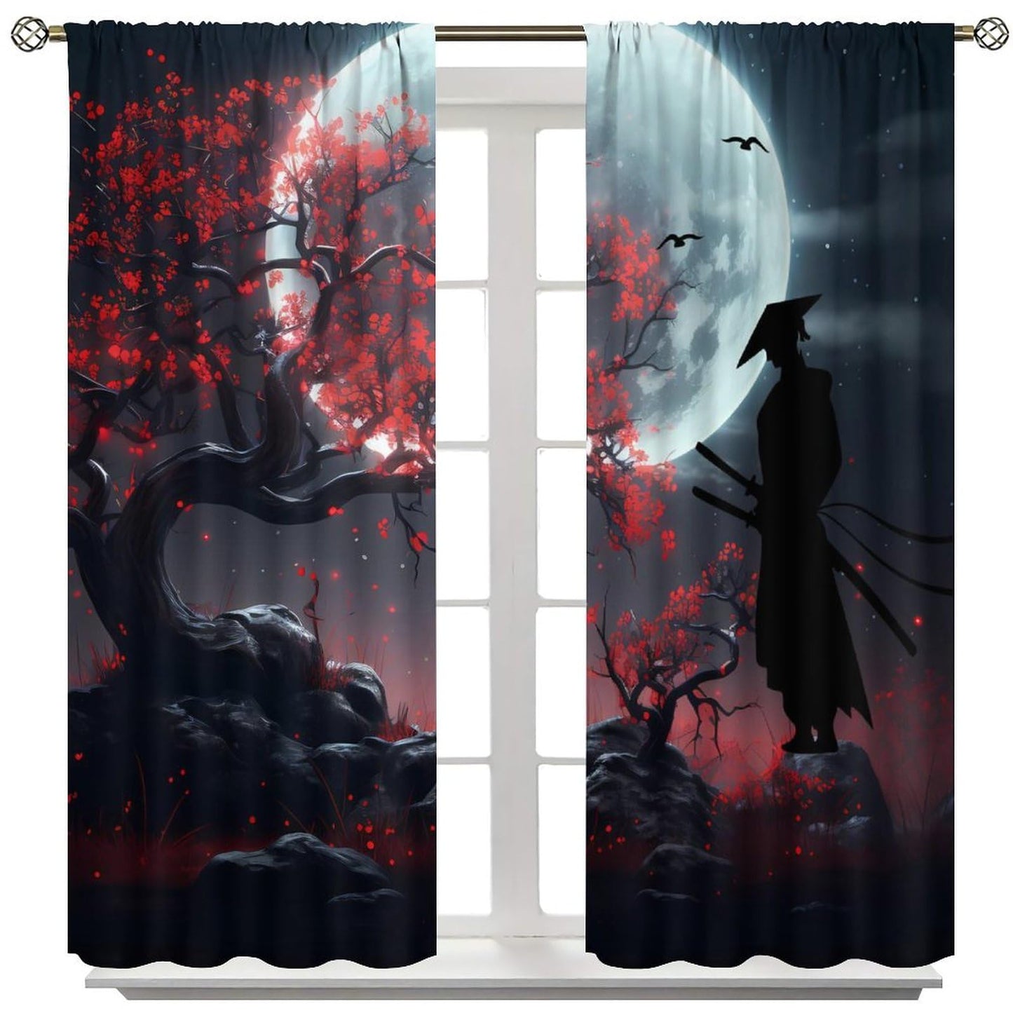 Llylumty Japanese Samurai Blackout Curtain Japanese Plum BlossomMoon Night Tree Modern Art Style Rod Pocket Window Drapes for Living Room Decor 21x45in,2 Panel Set