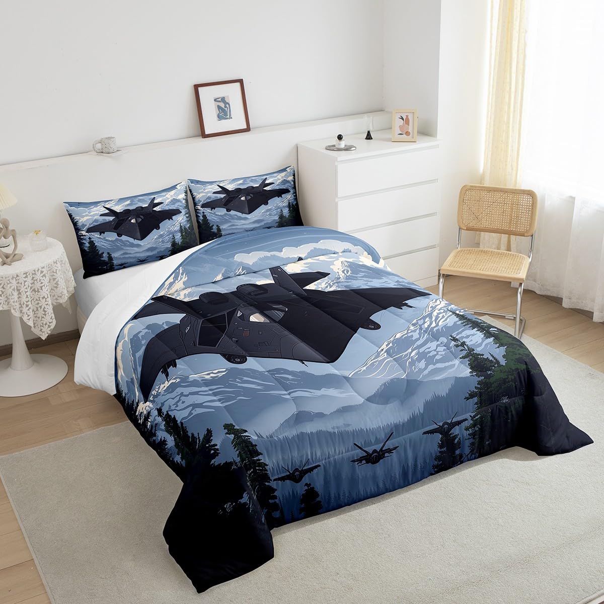 Manfei Modern Airplane Bed Comforter Set Queen Size,Military Black Fighter Plane Aircraft Super Soft Microfiber Bedding Set for Girls Boys,Snowy Mount Pines Trees Nature Paint Decorative Quilter Set