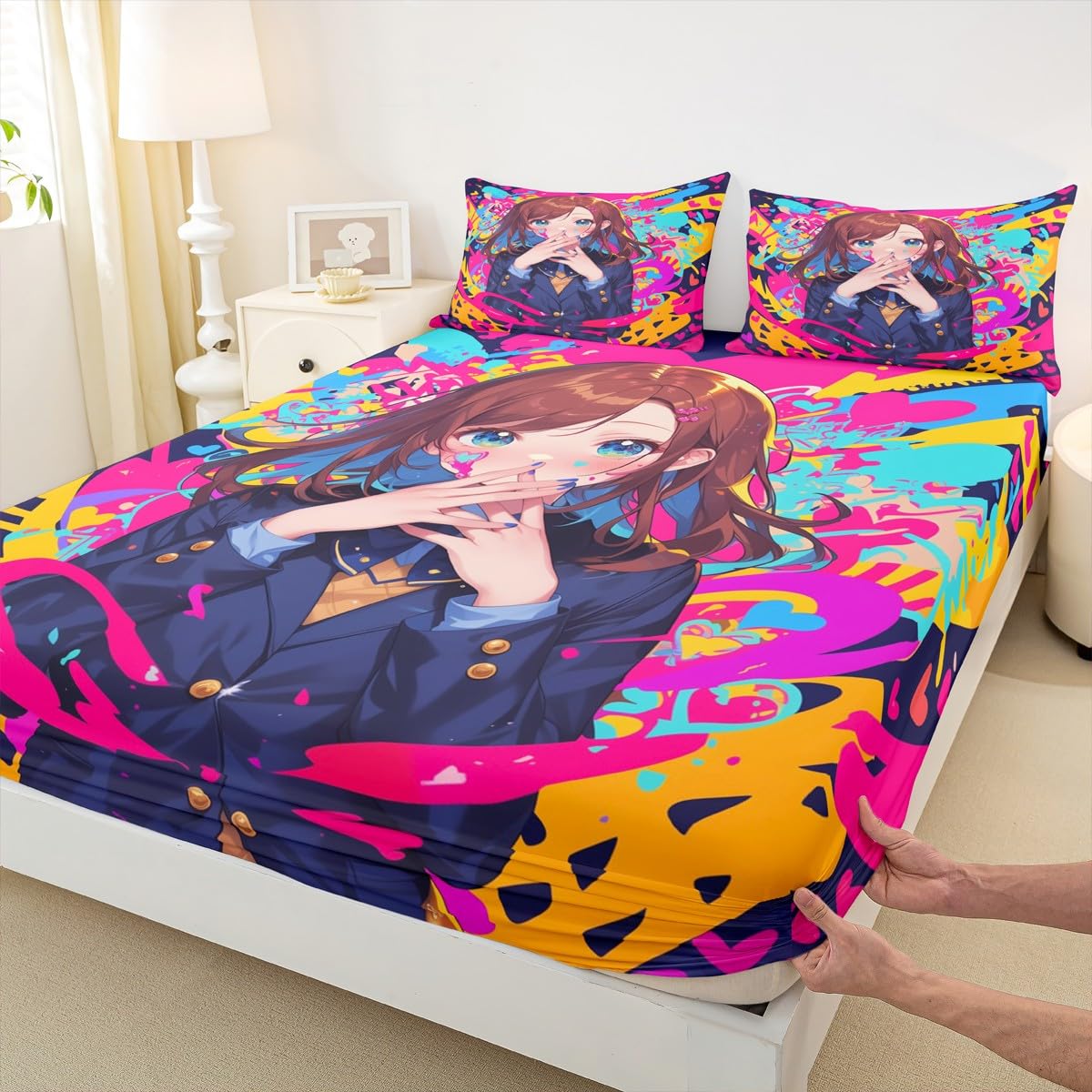 Erosebridal Anime Girl Twin Bed Sheets, Japanese Anime Bedding Set 2 Piece for Kids Girls Teens Adult Bedroom Decor, Cartoon Girl Fitted Sheet Kawaii Japanese Animation Sheets