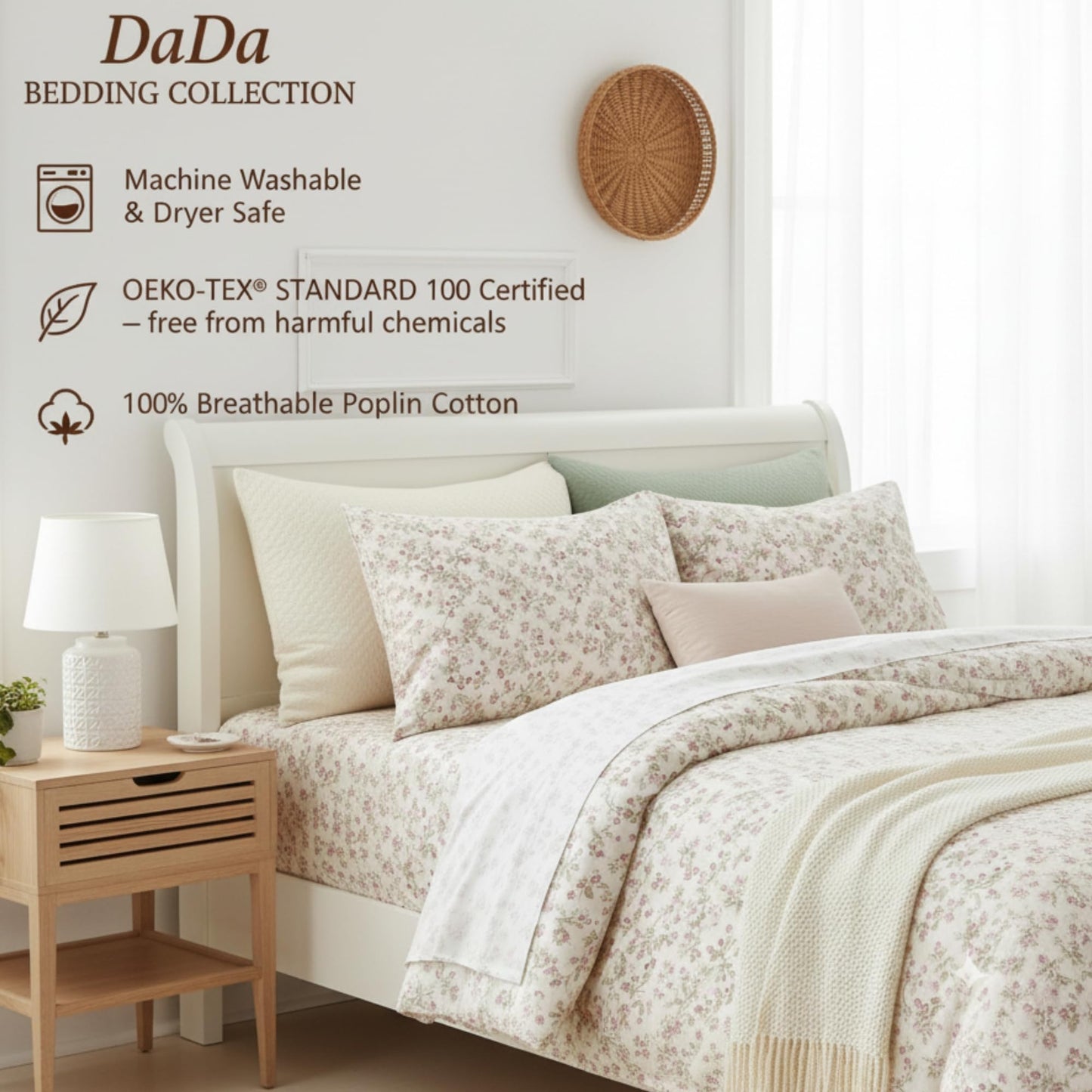 DaDa Bedding Romantic Coquette Sheet Set - 100% Cotton Floral Fitted & Flat Sheets with Pillowcases - Deep Pocket Design - Soft, Breathable, Wrinkle-Resistant (Queen (U.S. Standard))