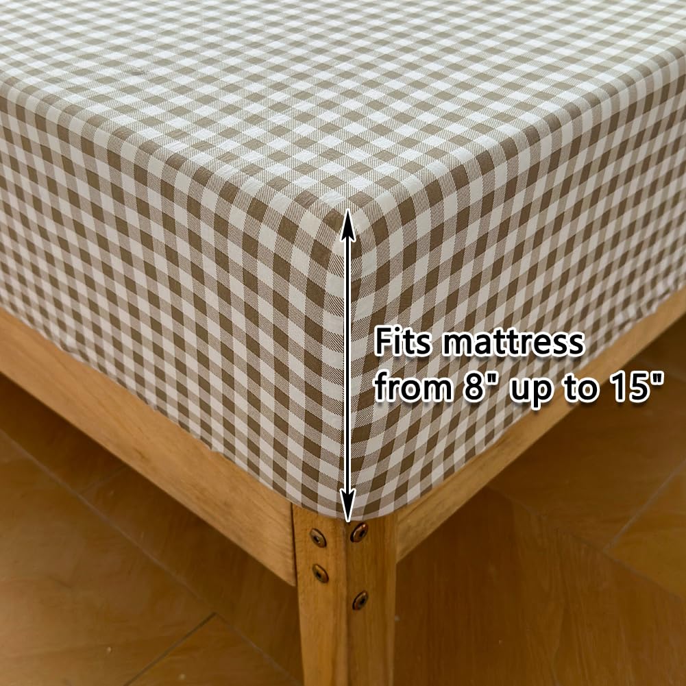 NSNLGSGC Tan Gingham Ruffle Queen Sheet Set, Taupe Soft Pre-Washed Microfiber Plaid Queen Bed Sheets, 4-Pieces Farmhouse Sheet Set with Deep Pocket