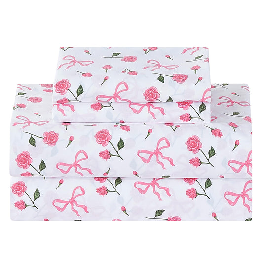 Softan Pink Floral Queen Bed Sheets, Cozy Microfiber Flower Printed Sheets with 15" Deep Pocket Fitted Sheet & Non-Slip Straps, Patterned Pink Rose - Bow Sheets & Pillowcase Set