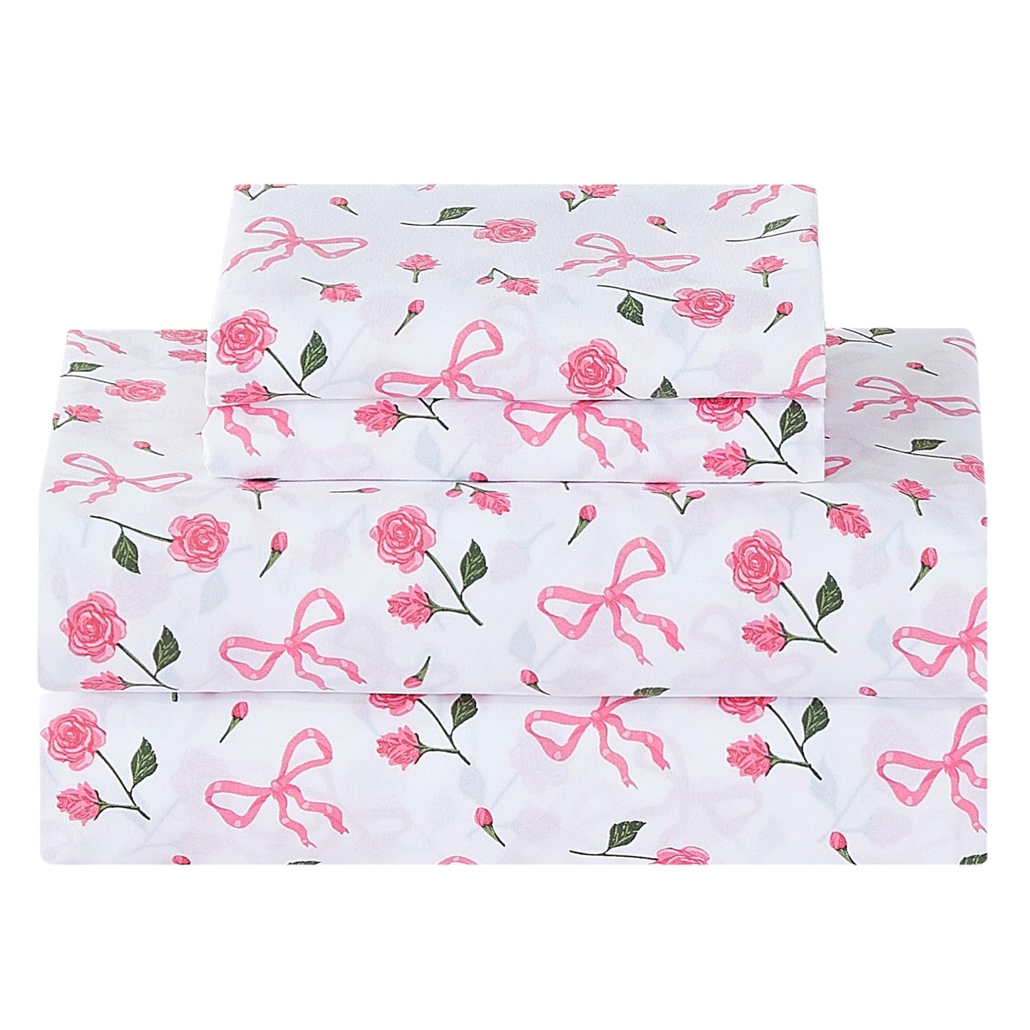 Softan Pink Floral Full Bed Sheets, Cozy Microfiber Flower Printed Sheets with 15" Deep Pocket Fitted Sheet & Non-Slip Straps, Patterned Pink Rose - Bow Sheets & Pillowcase Set