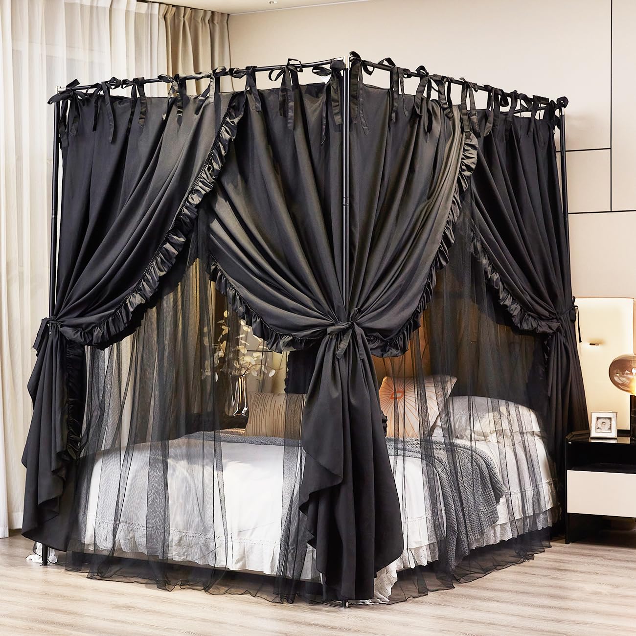 Akiky 4 Corners Post Canopy Bed Curtains Double Layer Cozy Drape Netting 4 Opening Mosquito Net Mesh for Girls Bedroom Decoration(Black,King)