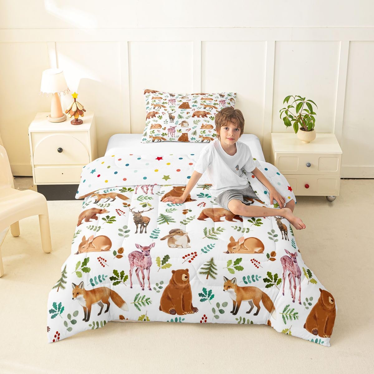 Erosebridal Woodland Forest Animals Twin Bedding Sets for Boys Girls, Cartoon Animal Print Comforter Set for Kids Teen, Cute Bear Deer Fox Rabbit Bed Set, Wildlife Theme Room Decor (1 Pillowcase)