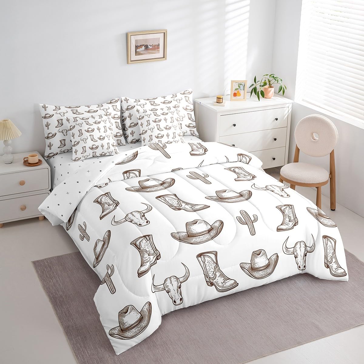 jejeloiu West Cowboy Comforter Set with Sheets Twin Size Kids Cow Skull Brown 7 Pieces Bedding Set for Boys Girls Teens Cactus Hat Boots Bed in a Bag Breathable Rodeo Cowboy Bed Set Room Decor