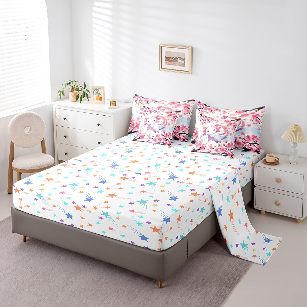 Feelyou Boys Girls Cute Axolotl 7 Pieces Bedding Sets Twin Size, Cartoon Salamander Bed in A Bag Ocean Sealife Comforter Set with Sheets Kids Kawaii Teens Bed Set Bedroom Decor