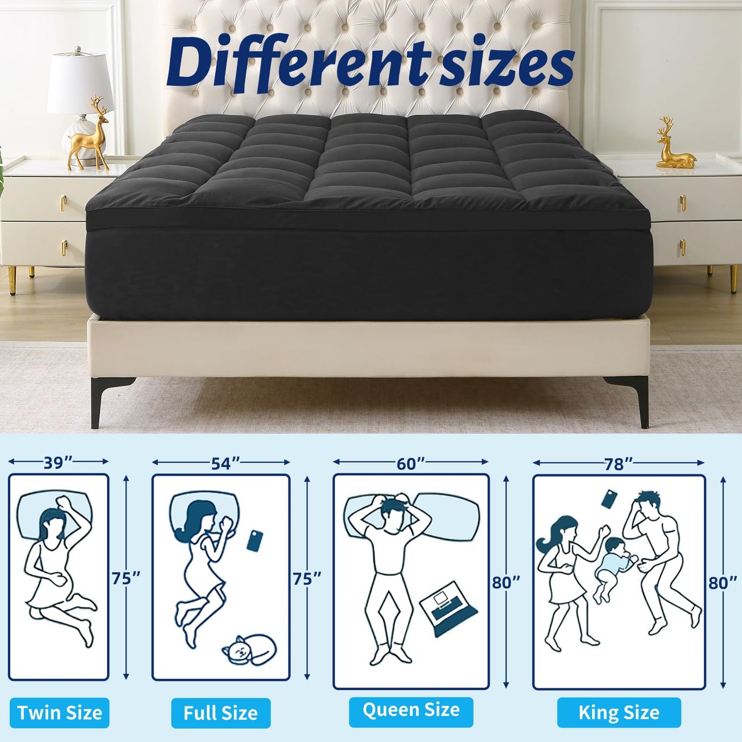 Thick Mattress Topper Full with Deep Pocket, Extra Pillow Top Mattress Pad, Breathable & Cooling Mattress Cover, Fits 8-21 Inch, Soft Support for Back Pain Relief, Mattress Protector (Full, Black)