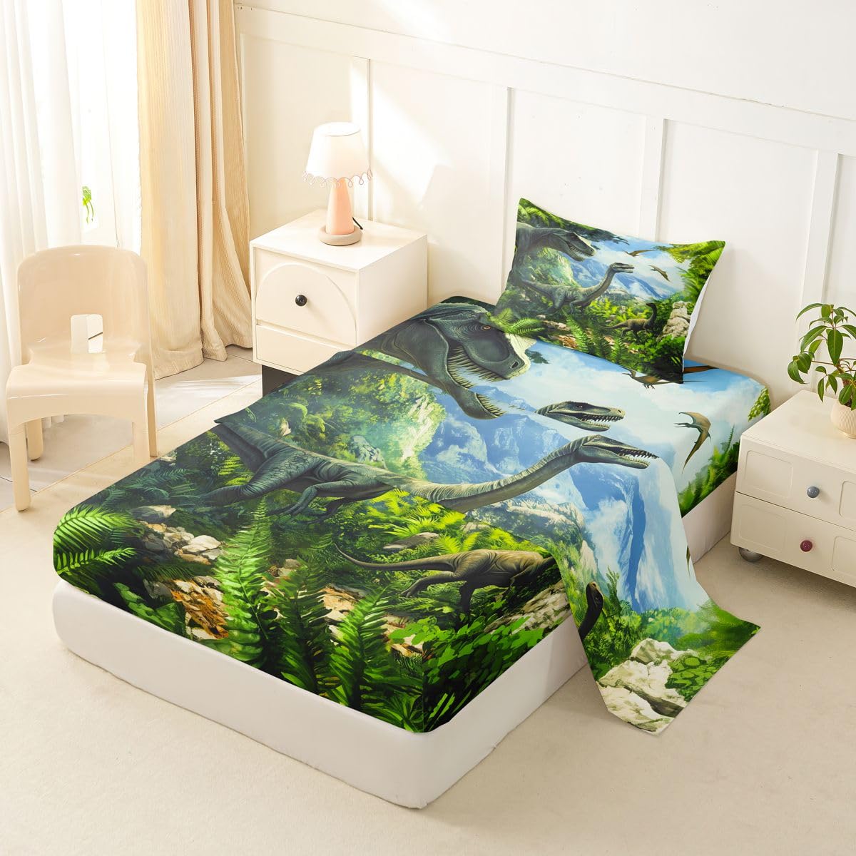 Feelyou Dinosaur Bed Sheets Sets Twin Size Kids Boys Girls 3D Digital Print Bedding Set Jungle Dino Bed Sheet Set with 16-Inch Deep Pockets Wild Animal 3Pcs with 1 Pillow Cases Green Blue White