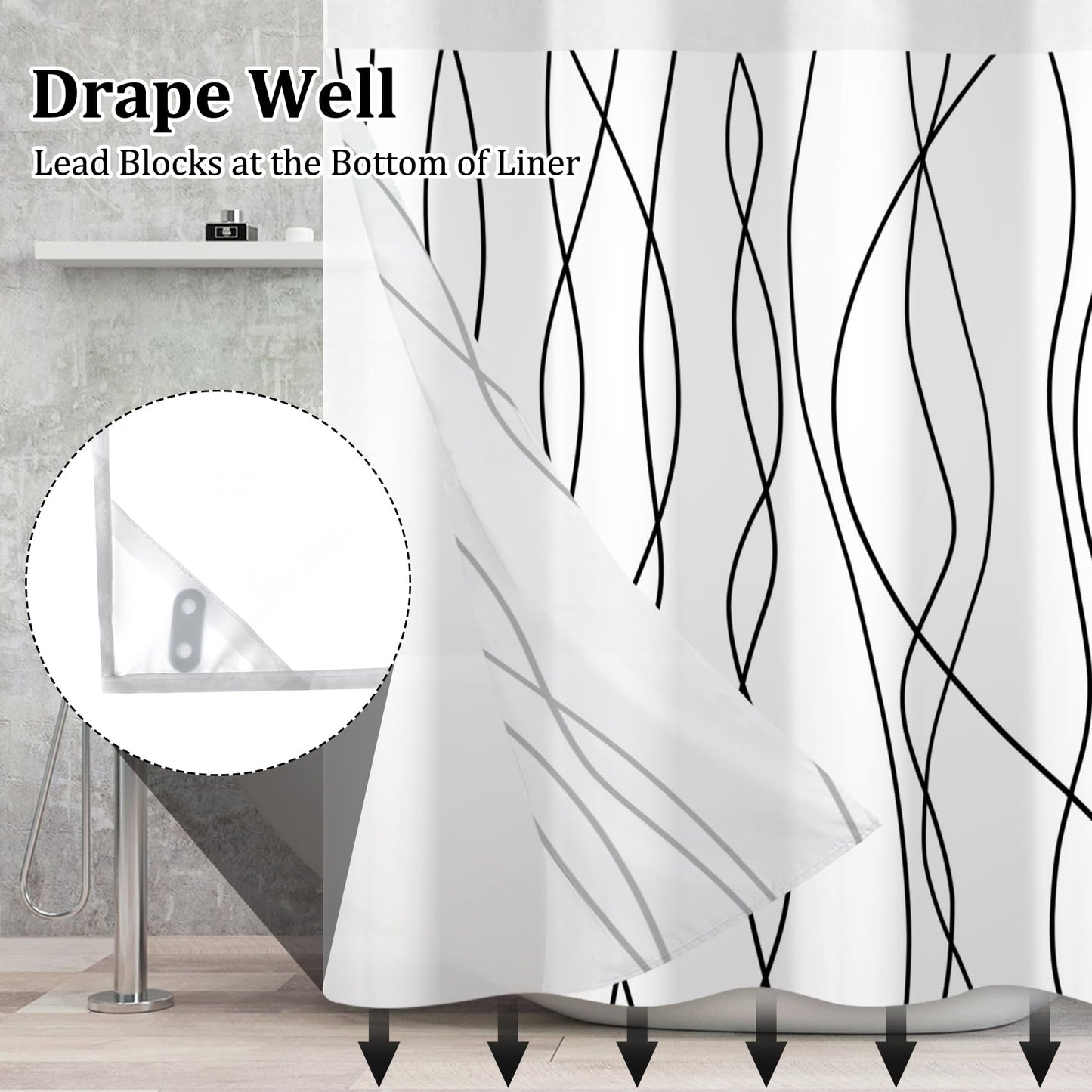 Velaequezii No Hook Shower Curtain with Snap in Liner Set Black White Striped Bath Curtain Double Layers Waterproof Washable Fabric with See Through Mesh Top Window for Bathroom Hotel 71x74 Inch