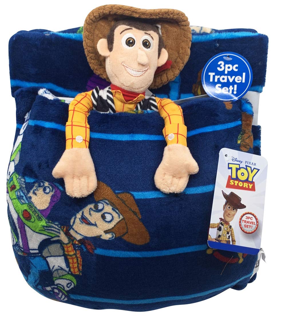 Disney Pixar Toy Story Kids Travel Blanket and Pillow Set, 3 Piece - 40 x 50 Throw Blanket, Pillow & Plush - Woody & Buzz Lightyear, Super Soft, Machine Washable (Official Disney Pixar Product)
