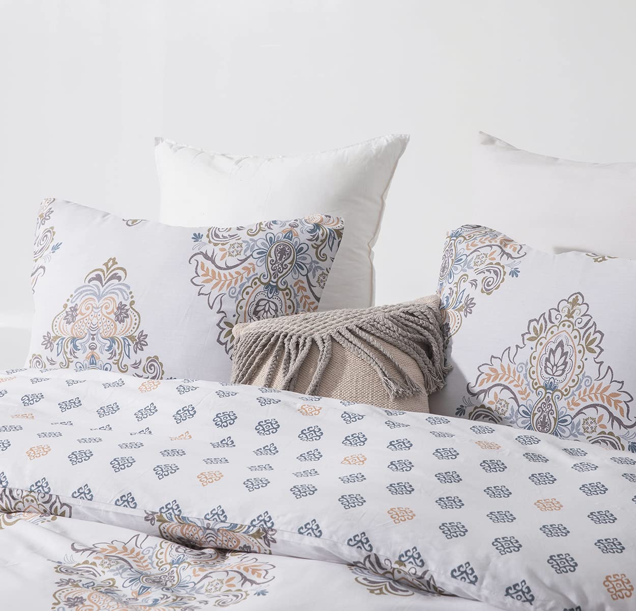 SLEEPBELLA Comforter King Size, 600 Thread Count Cotton Yellow & Blue Damask with Taupe Brown Reversible Pattern White Comforter Sets,Down Alternative Bedding Set 3Pcs (King, White Damask)