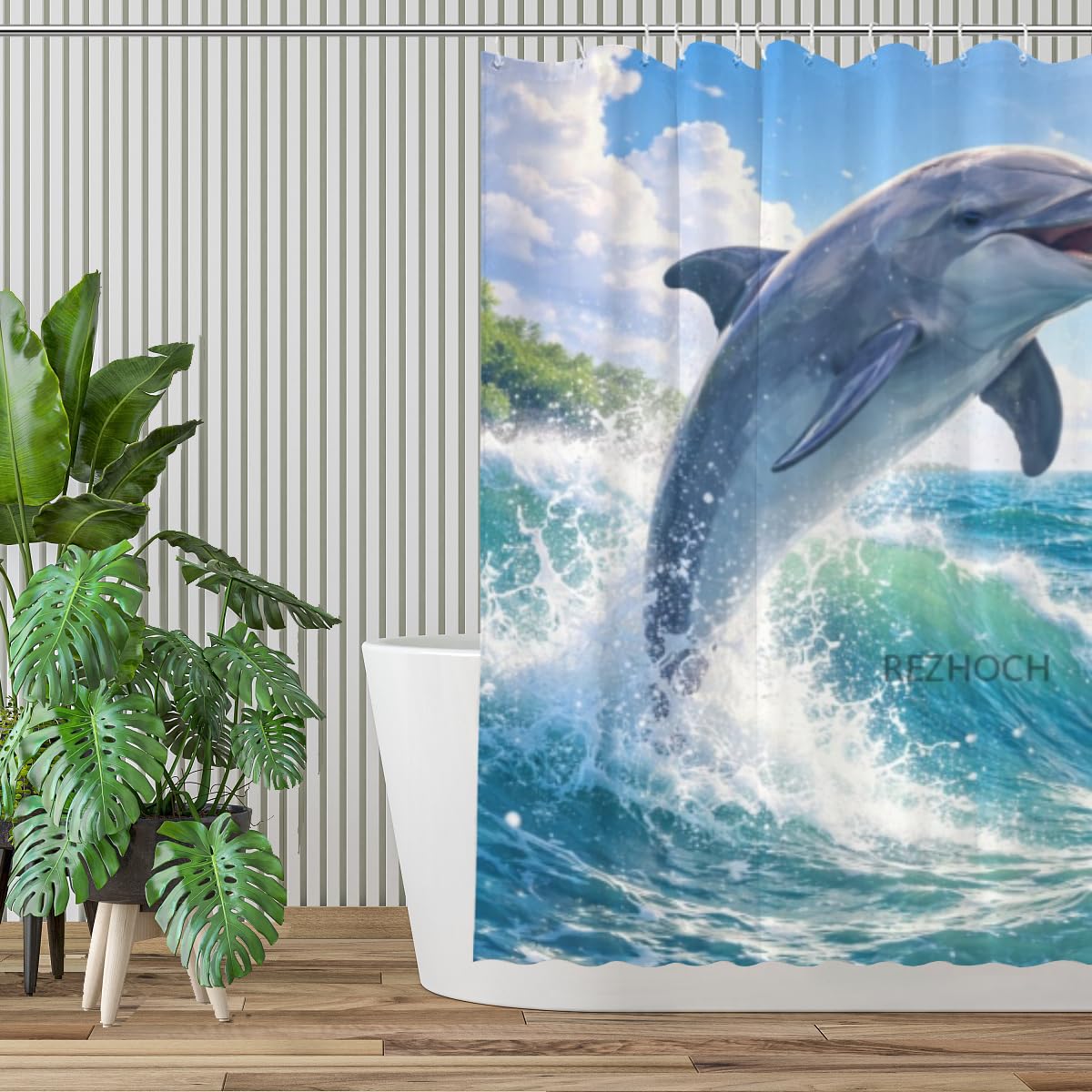 REZHOCH Funny Dolphin Shower Curtain 72x72 Inch,Cute Animal Flowers Lovely Spring Garden Home Farmhouse Bathroom Decor,Forest Floral Fabric Waterproof Bath Set with 12 Hooks