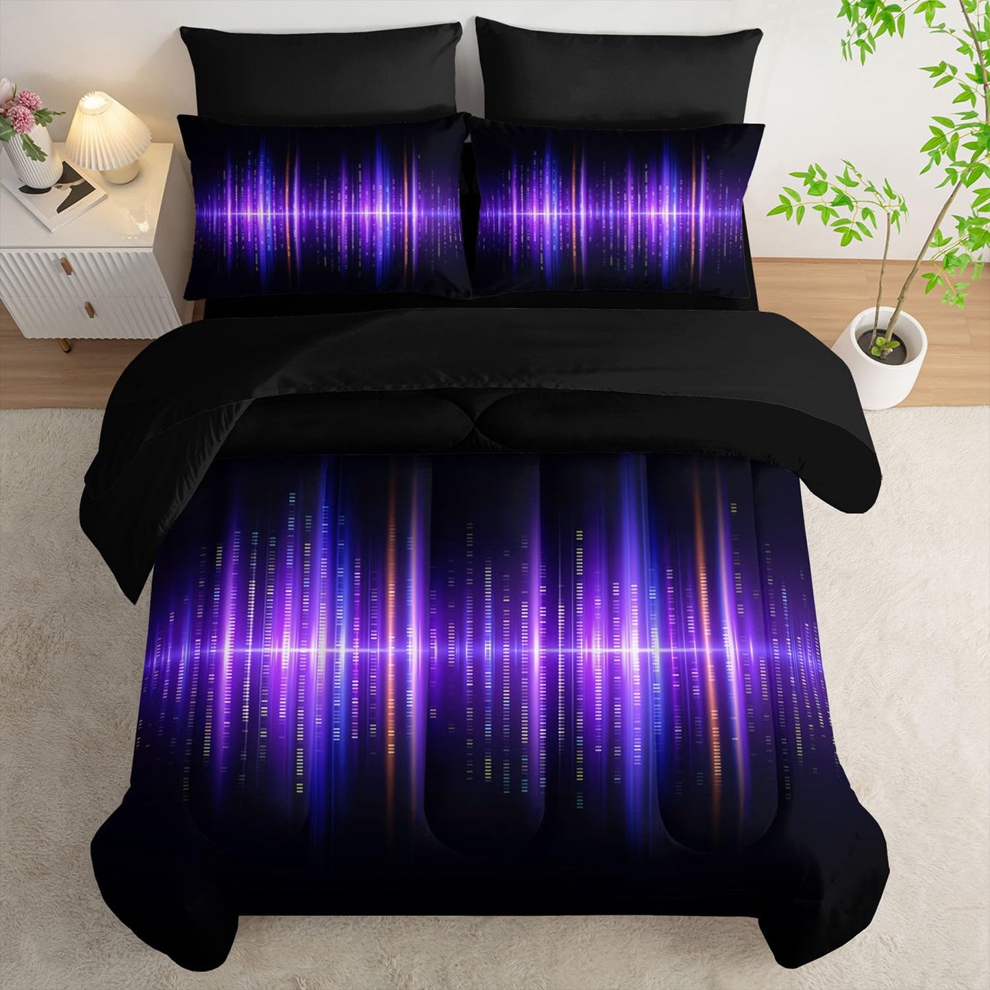 Smell Sunshine 7Pcs Geometric Stripes Comforter Set Purple Gradient Lines Printed Bedding Set with 1 Comforter, 1 Flat Sheet, 1 Fitted Sheet and 4 Pillowcases for Boys and Girls Bedroom (Lines Twin